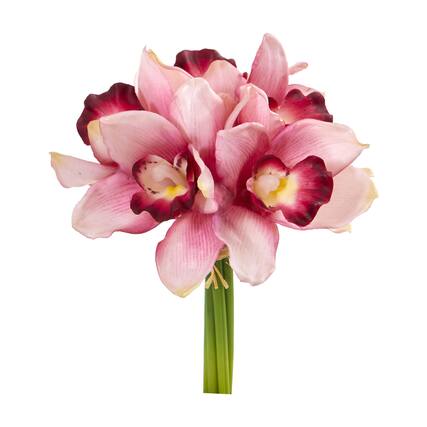 Front. BreeBe - 9" Cymbidium Orchid Artificial Flower Bundle (Set of 6) - Pink.