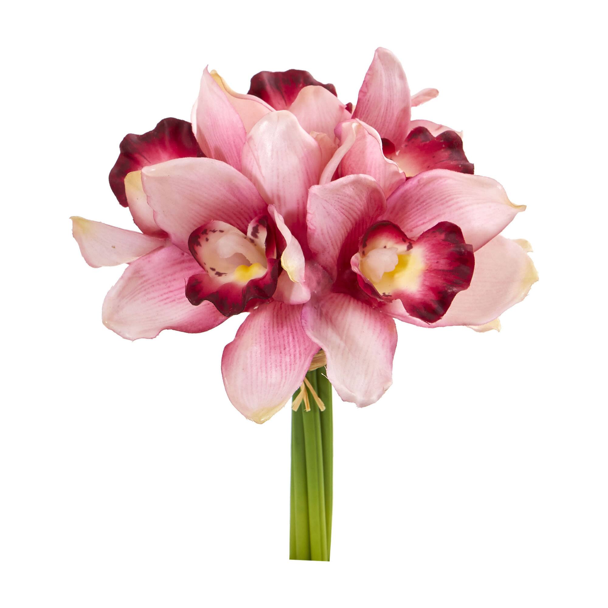 Front. BreeBe - 9" Cymbidium Orchid Artificial Flower Bundle (Set of 6) - Pink.