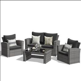 Mondawe - 4-Piece Wicker Patio Conversation Set with Glass Table and Cushions - Black+Brown