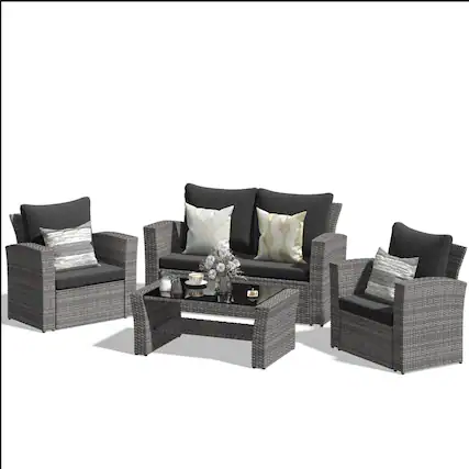 Front. Mondawe - 4-Piece Wicker Patio Conversation Set with Glass Table and Cushions - Black+Brown.