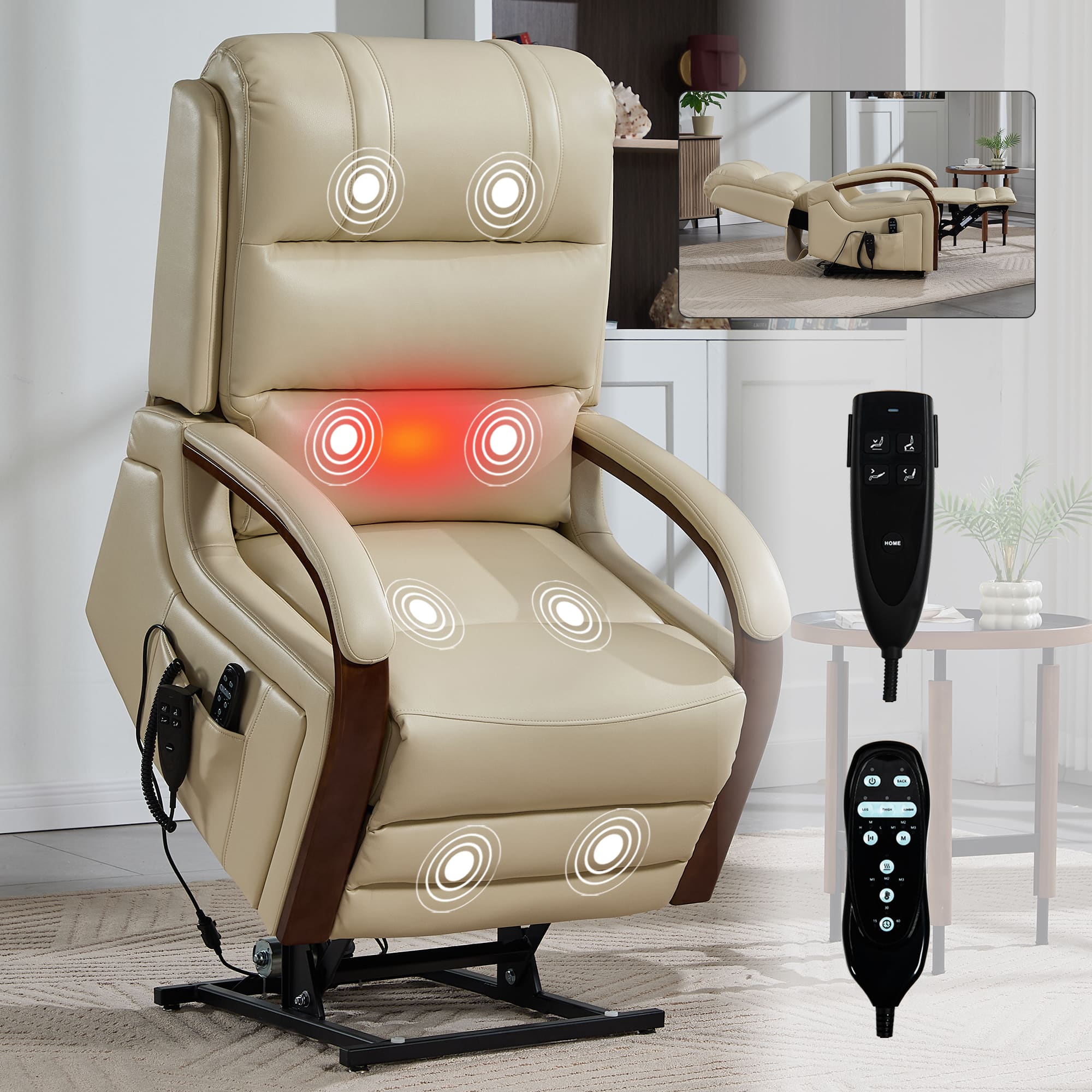 Front. APRILSOUL - Power Leatheraire Lift Recliner Chair with Solid Wood Armrests Heat Massage and Heavy Duty Motion Mechanism - Beige.