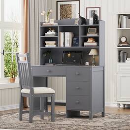 GOODSILO - 40'' Home Executive Desk & Upholstered Chair Set with Bookshelf, Computer Desk with Drawers & Storage Shelf - Gray