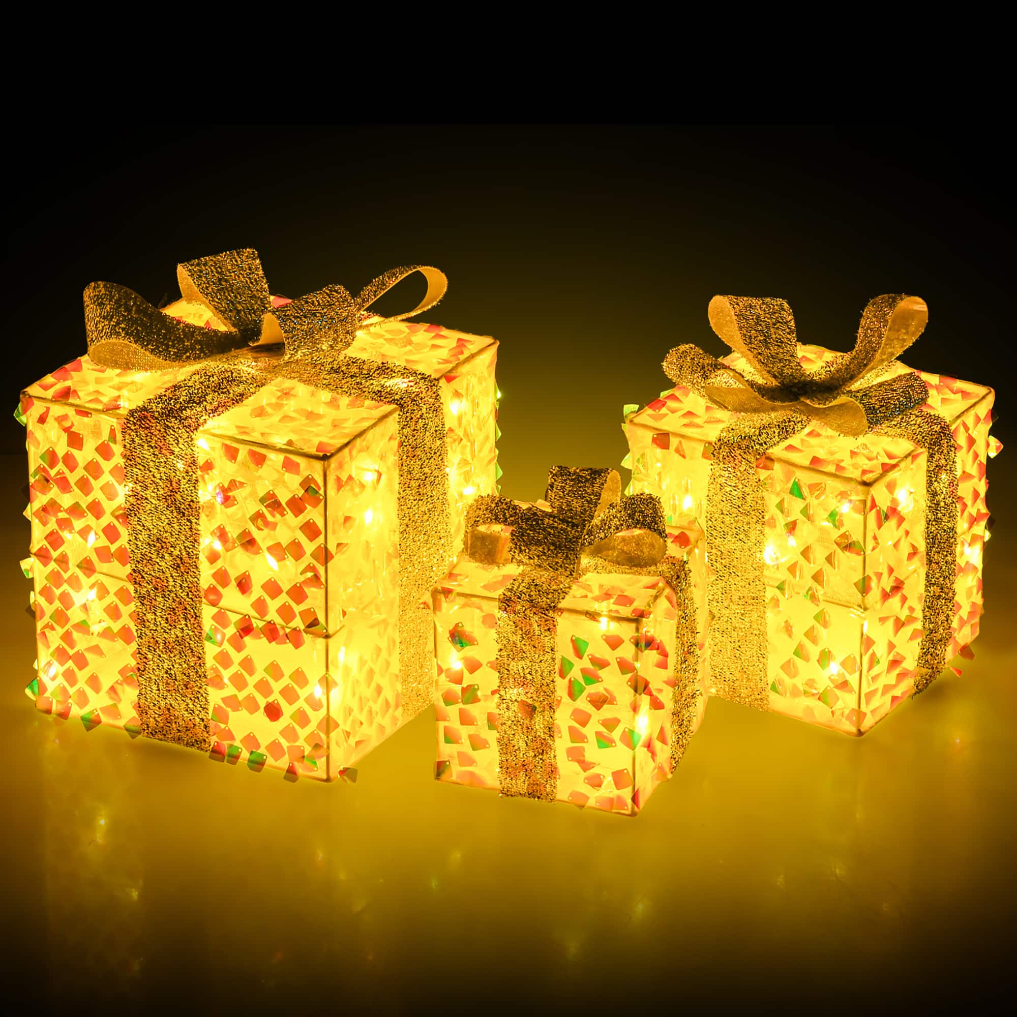 Gymax - 3 PCS Christmas Lighted Gift Boxes w/ 90 LED Lights Zip Ties Ground Stakes - Warm White