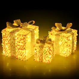 Gymax - 3 PCS Christmas Lighted Gift Boxes w/ 90 LED Lights Zip Ties Ground Stakes - Warm White