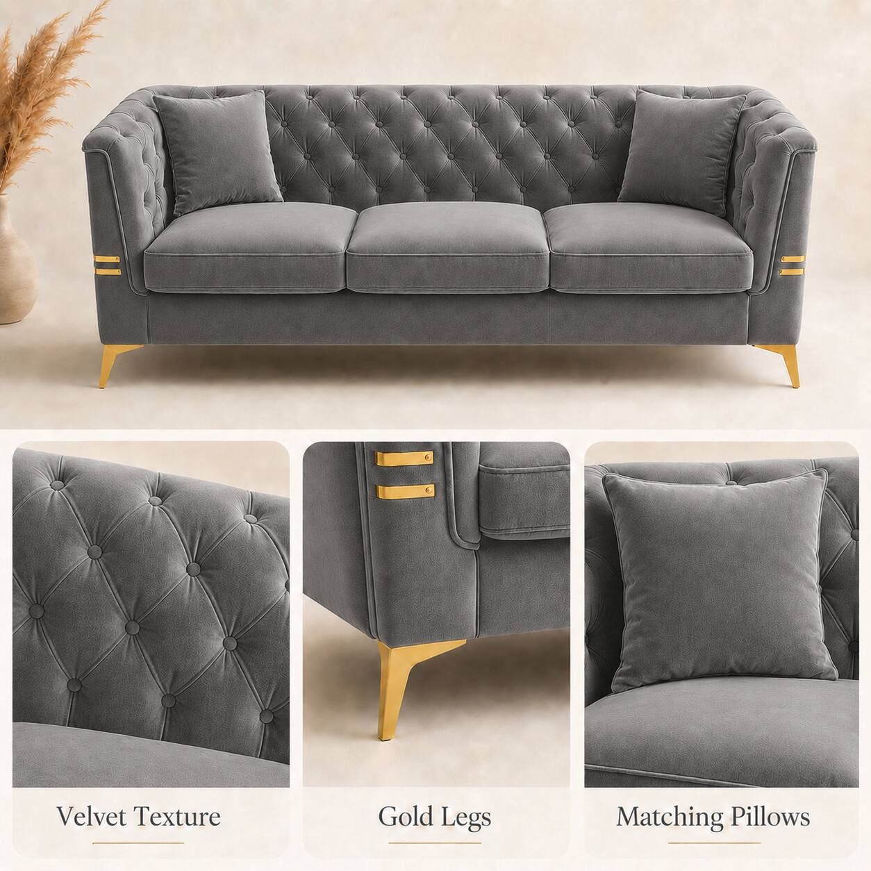 Velvet Texture Gold Legs Matching Pillows