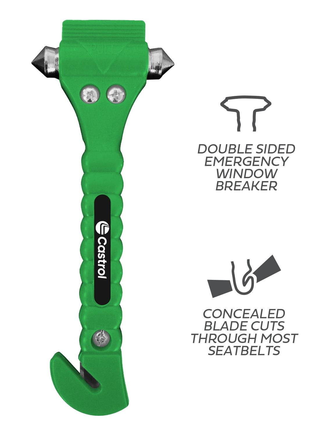 DOUBLE SIDED EMERGENCY WINDOW BREAKER

Castrol

CONCEALED BLADE CUTS THROUGH MOST SEATBELTS