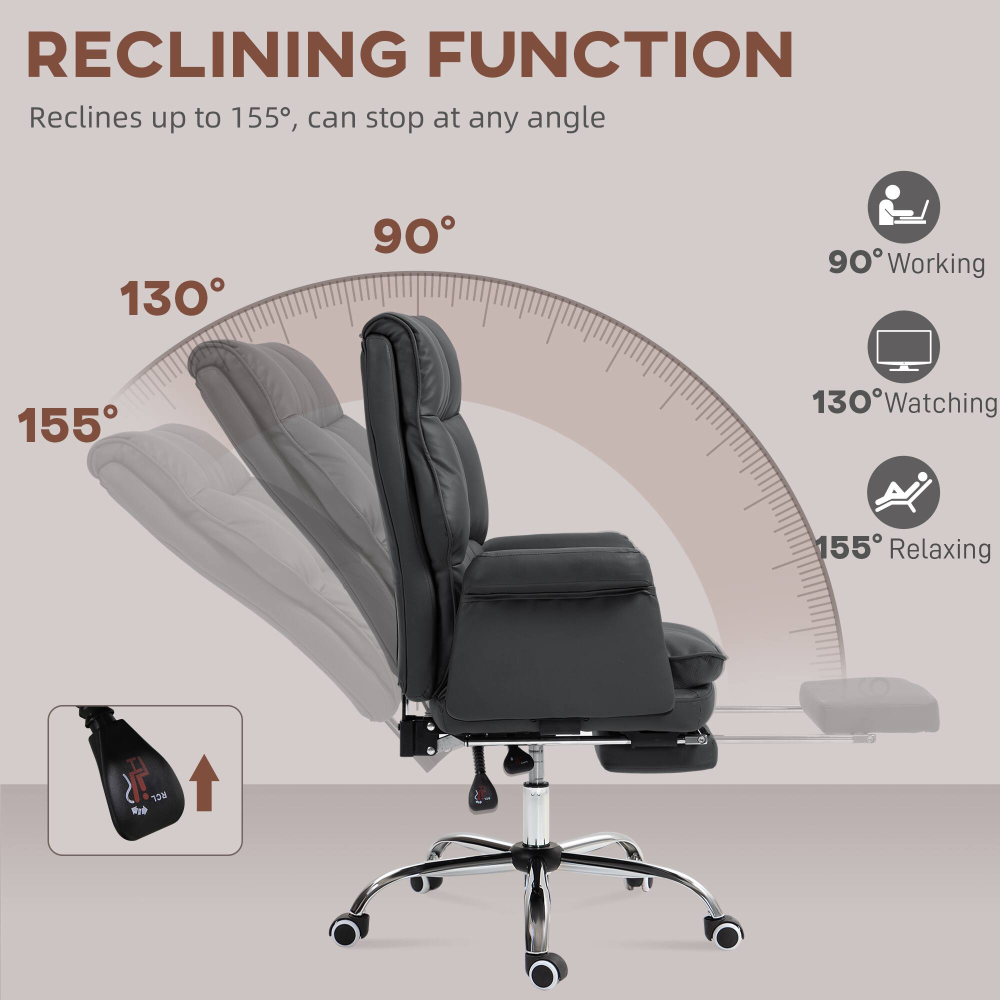 RECLINING FUNCTION
Reclines up to 155°, can stop at any angle
90° Working
130° Watching
155° Relaxing