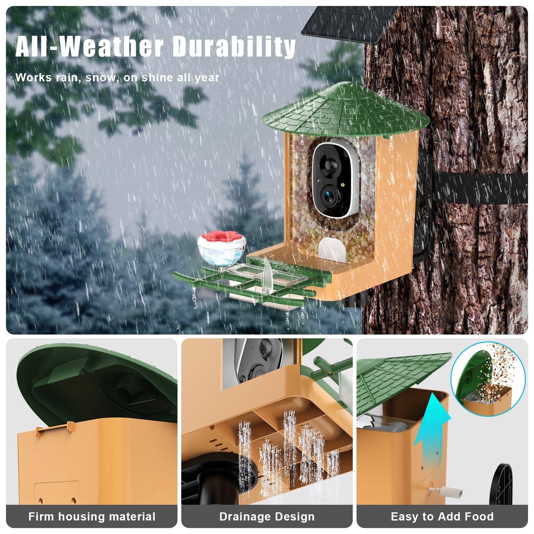 All-Weather Durability  
Works rain, snow, on shine all year  

Firm housing material  
Drainage Design  
Easy to Add Food