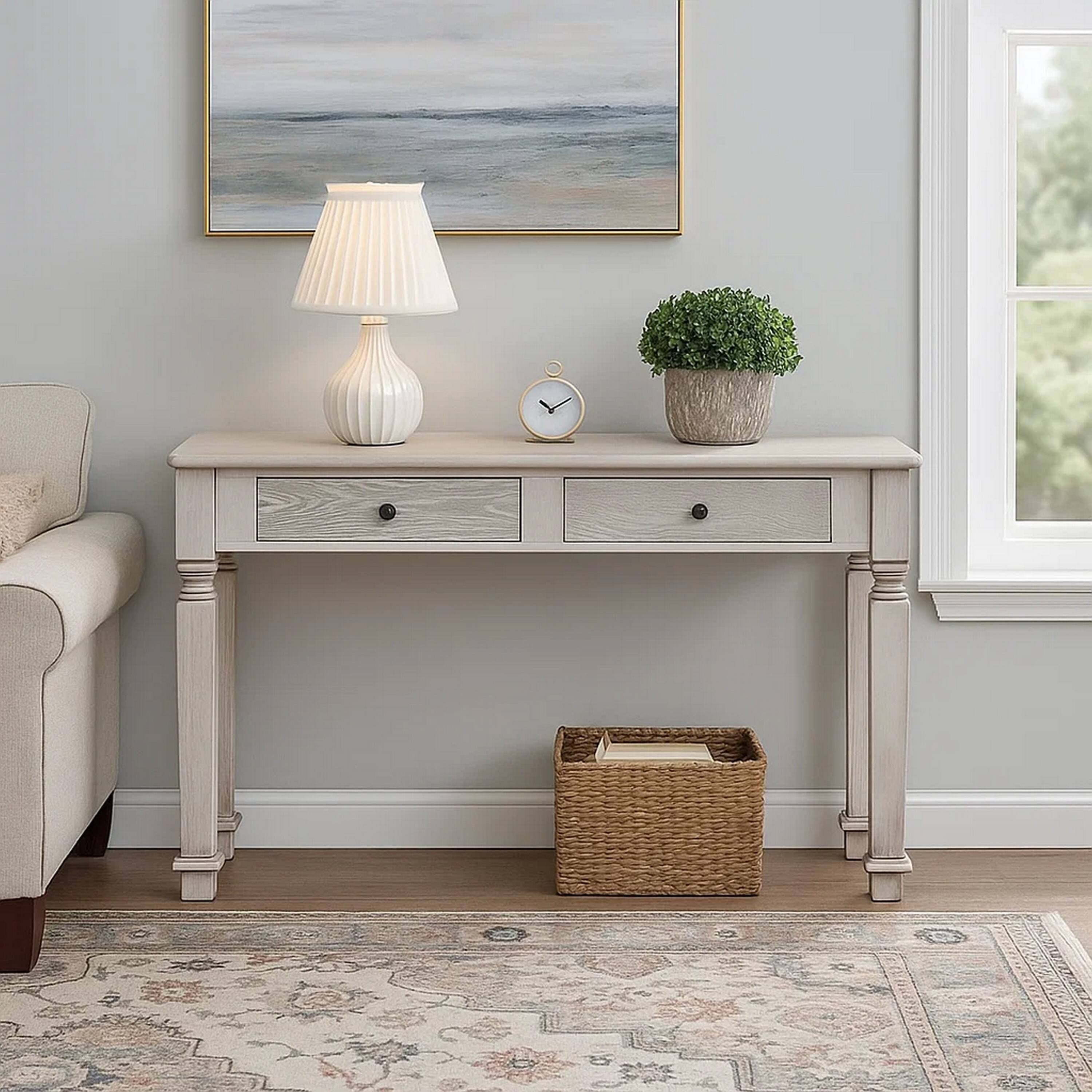 Alt View 5. Manhattan Lane - Spacious Wooden Sofa Table with Carved Turned Legs, Antique White - White.