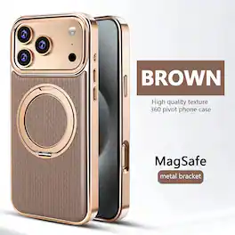 Dteck - Shockproof Magnetic Case for Apple iPhone 17 Pro Max with 360 Rotating Ring Stand, Electroplated Frame Protective Cover - Brown