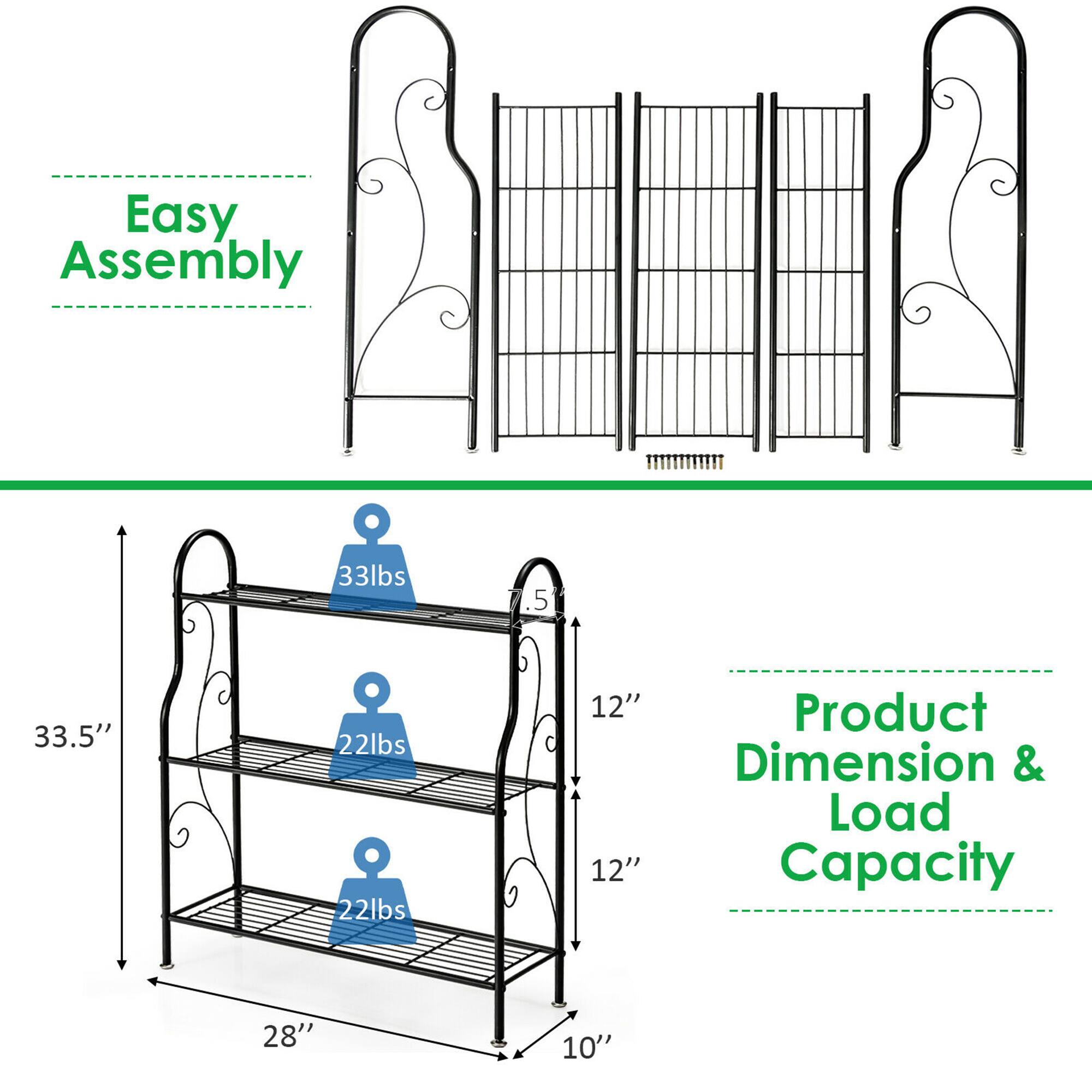 Easy Assembly

Product Dimension & Load Capacity

- 33.5" (Height)
- 28" (Width)
- 10" (Depth)
- 12" (Shelf Height)
- 12" (Shelf Width)
- 33lbs (Top Shelf Load Capacity)
- 22lbs (Middle Shelf Load Capacity)
- 22lbs (Bottom Shelf Load Capacity)