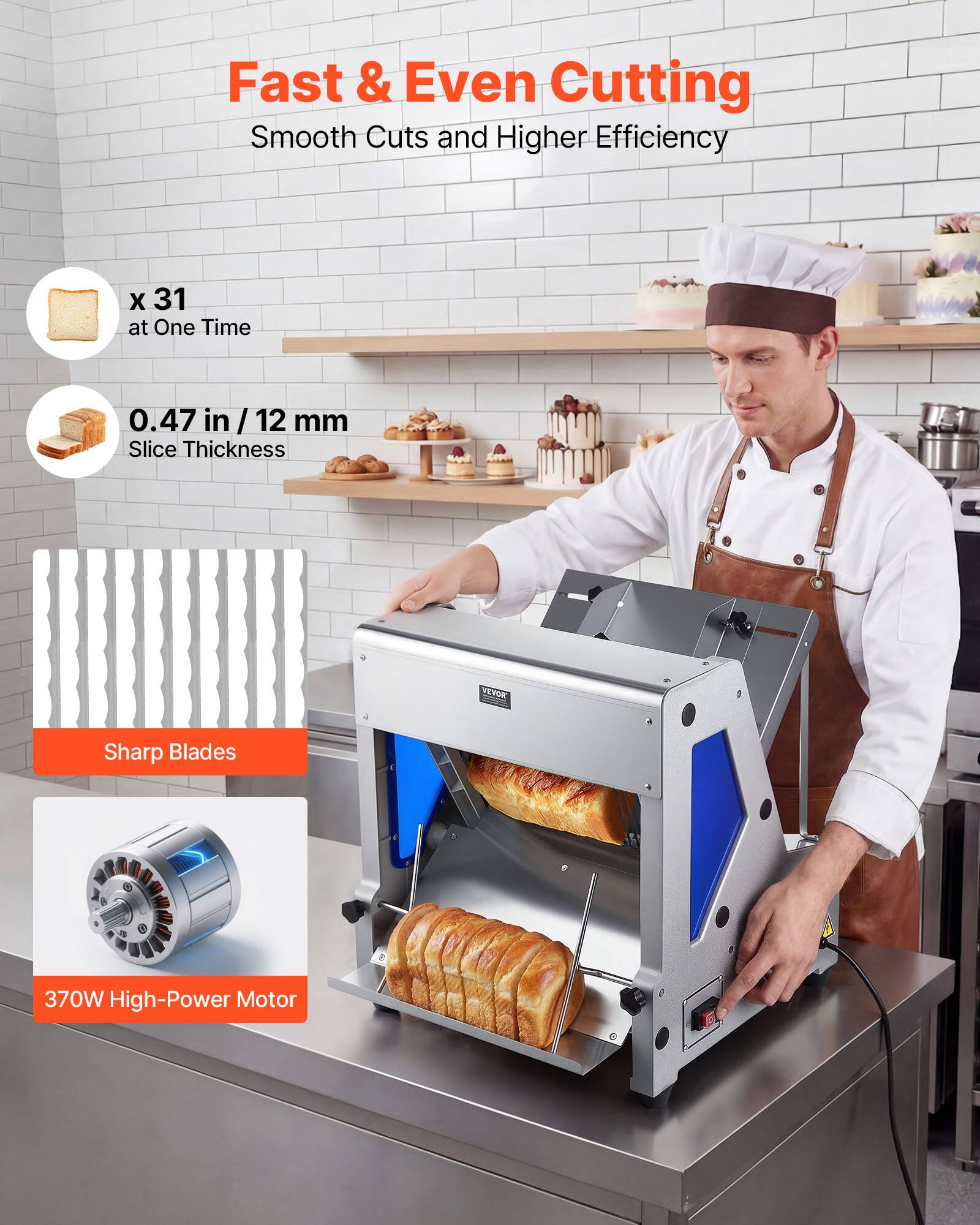 Fast & Even Cutting  
Smooth Cuts and Higher Efficiency

x 31 at One Time

0.47 in/12 mm Slice Thickness

Sharp Blades

370W High-Power Motor