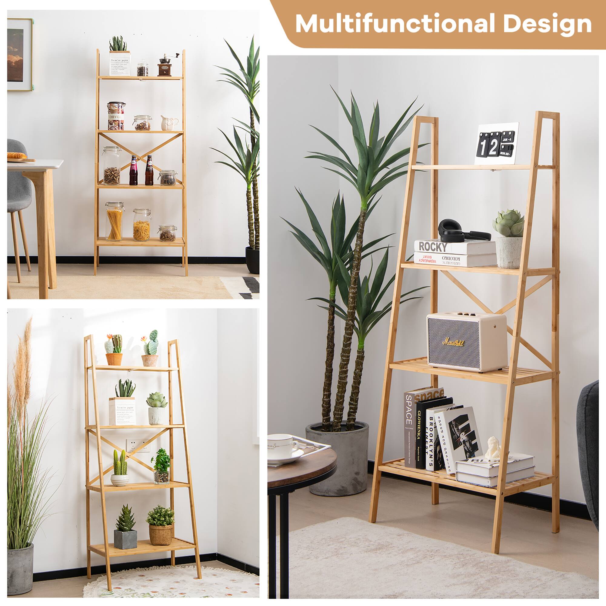 Alt View 1. Gymax - Gymax 2PCS 4-Tier Bamboo Ladder Bookshelf 58'' Display Shelf Storage Rack Plant Stand - Natural.
