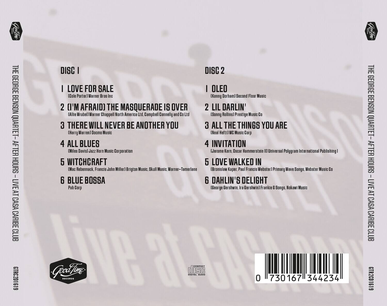**Disc 1**

1. I Love for Sale  
   (Cole Porter) Warner Bros Inc

2. (I'm Afraid) The Masquerade Is Over  
   (Allie Wrubel) Warner Chappell North America Ltd, Campbell Connelly and Co Ltd

3. There Will Never Be Another You  
   (Harry Warren) Domo Music

4. All Blues  
   (Miles Davis) Jazz Horn Music Corporation

5. Witchcraft  
   (Mac Rebennack, Francis John Miller) Brighton Music, Skull Music, Warner-Tamerlane

6. Blue Bossa  
   (George Gershwin, Ira Gershwin) Pub Corp

**Disc 2**

1. Oleo  
   (Kenny Dorham) Second Floor Music

2. Lil Darlin'  
   (Sonny Rollins) Prestige Music Co

3. All the Things You Are  
   (Neal Hefti) WC Music Corp

4. Invitation  
   (Jerome Kern, Oscar Hammerstein II) Universal Polygram International Publishing Co

5. Love Walked In  
   (Bronislav Kaper, Paul Francis Webster) Primary Wave Songs, Webster Music Co

6. Dahlin's Del