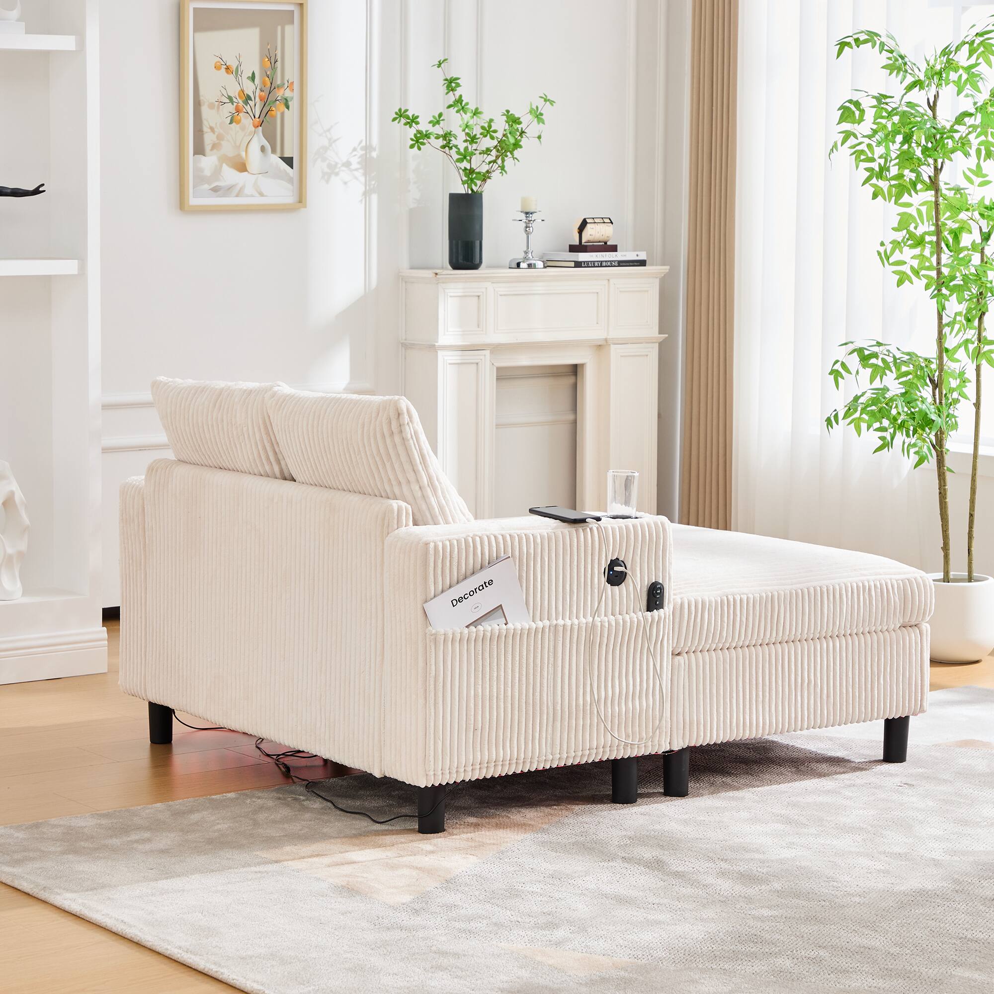 Alt View 2. Trinkets Crazed - Modern Corduroy Oversized Recliner Sofa with Deep Seat, USB Charging,RGB LED Light Strip - Beige.