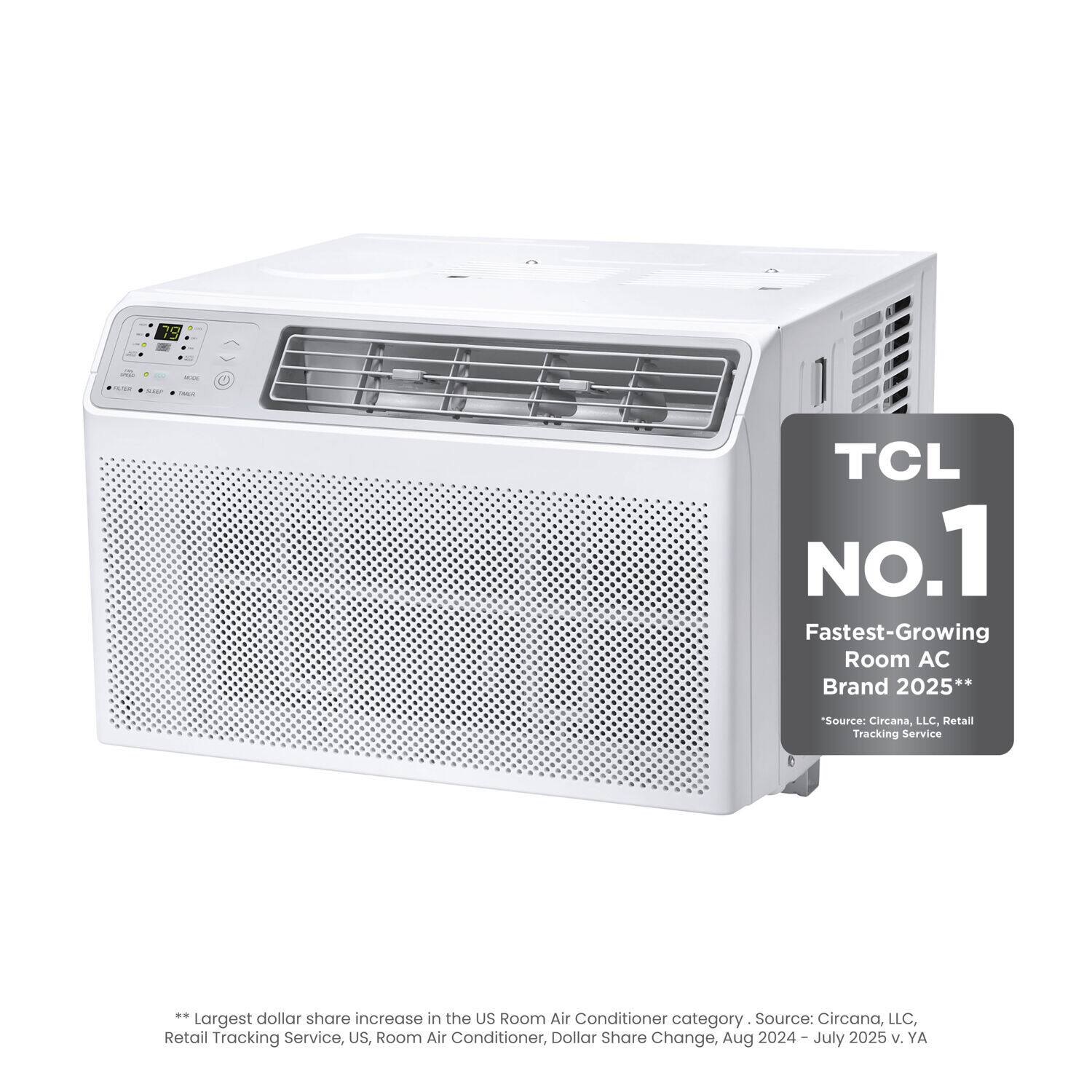 TCL No.1 Fastest-Growing Room AC Brand 2025**  
"Source: Circana, LLC, Retail Tracking Service"  

Largest dollar share increase in the US Room Air Conditioner category.  
Source: Circana, LLC, Retail Tracking Service, US, Room Air Conditioner, Dollar Share Change, Aug 2024 - July 2025 v. YA  

***Largest dollar share increase in the US Room Air Conditioner category. Source: Circana, LLC, Retail Tracking Service, US, Room Air Conditioner, Dollar Share Change, Aug 2024 - July 2025 v. YA