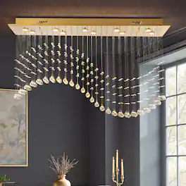 Siljoy - 47-In 10-Light Square Crystal Chandelier, Wave Raindrop Flush Mount Ceiling Light for Dining Living Kitchen - Chrome