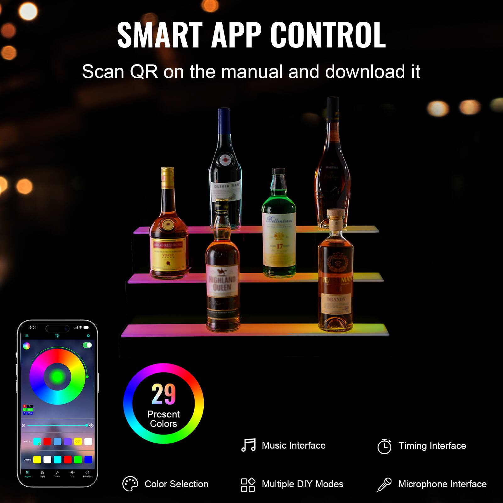SMART APP CONTROL  
Scan QR on the manual and download it  

- 29 Present Colors  
- Color Selection  
- Music Interface  
- Timing Interface  
- Multiple DIY Modes  
- Microphone Interface