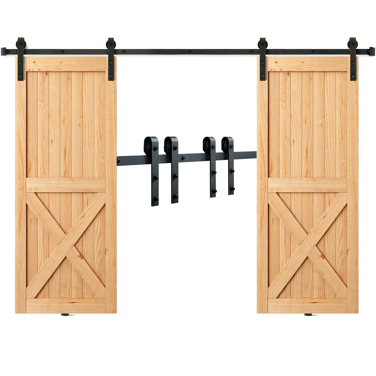Front. VEVOR - 8FT Sliding Barn Door Hardware Kit, 330LBS Heavy Duty Barn Door Track Kit for Double Doors, Fit 3.7-4.3FT Total Wide - Black.