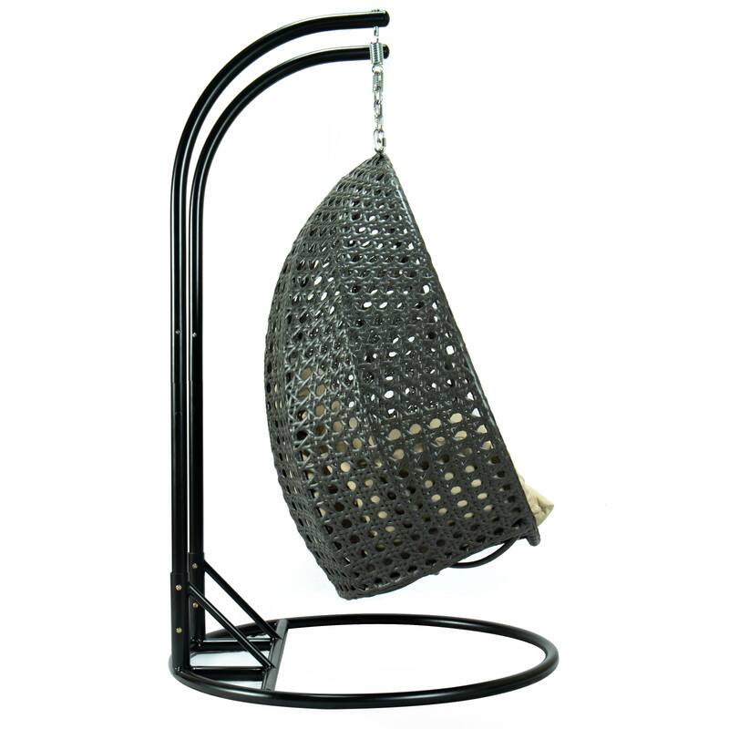 Back. LeisureMod - Leisuremod Outdoor 2-Person Charcoal Wicker Egg Swing Chair with Steel Stand, Washable Cushions & Waterproof Cover - Taupe.