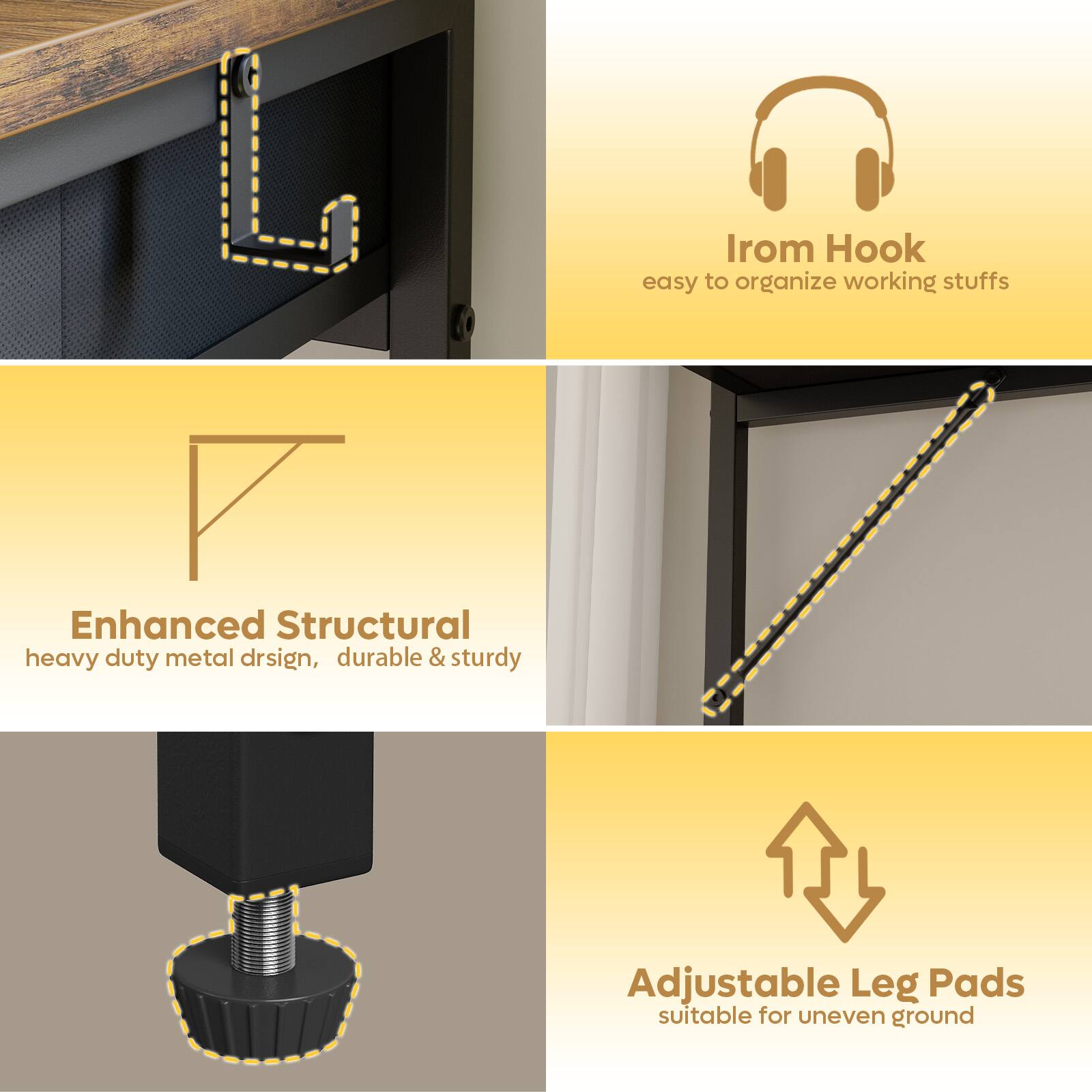 Irom Hook easy to organize working stuffs

Enhanced Structural heavy duty metal design, durable & sturdy

Adjustable Leg Pads suitable for uneven ground