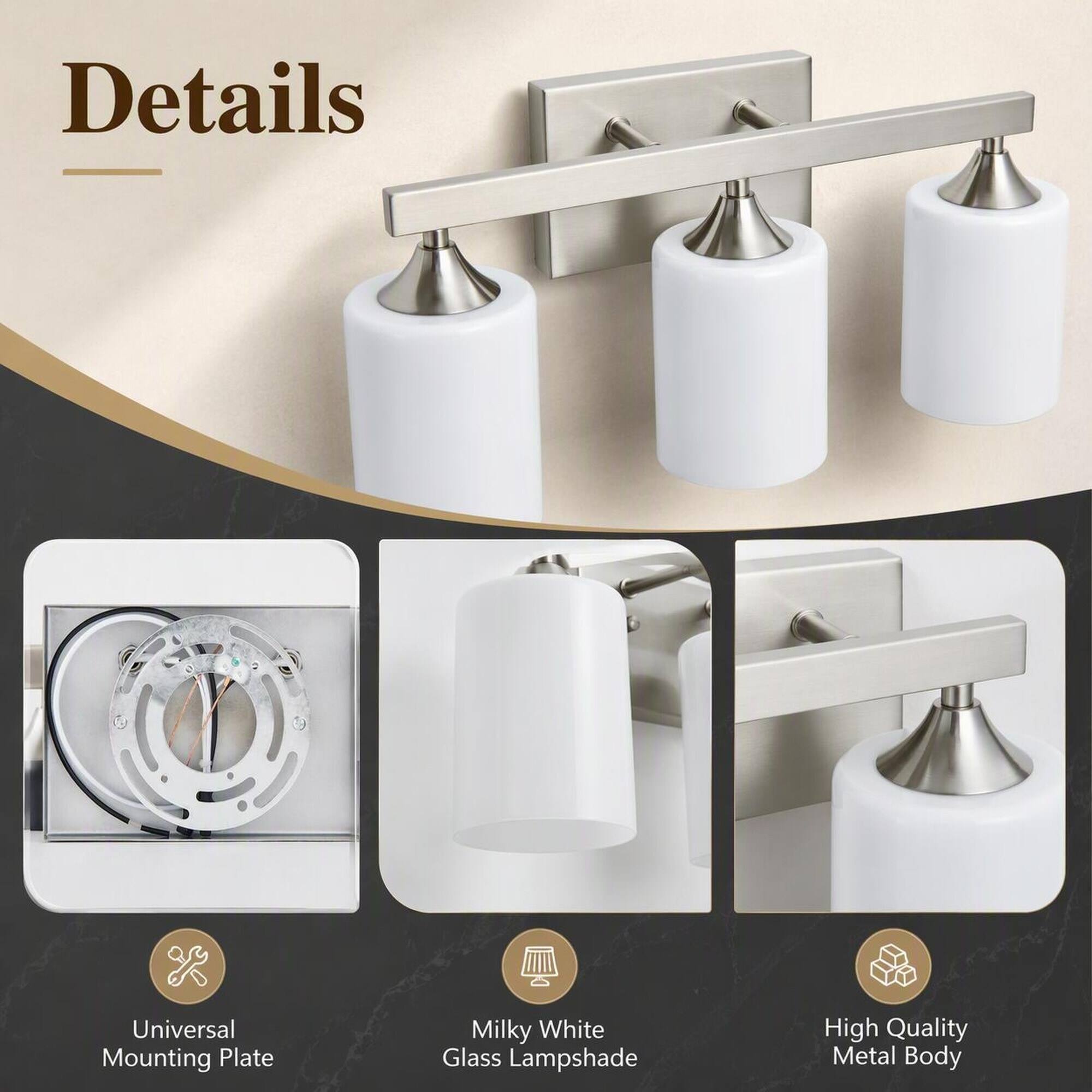 Details

- Universal Mounting Plate
- Milky White Glass Lampshade
- High Quality Metal Body
