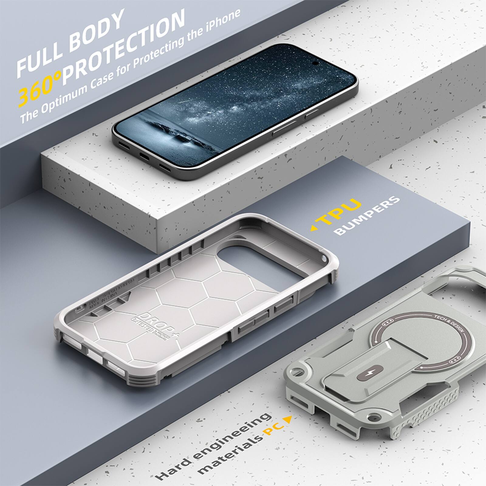 FULL BODY 360° PROTECTION  
The Optimum Case for Protecting the iPhone  

TPU BUMPERS  

Hard engineering materials PC