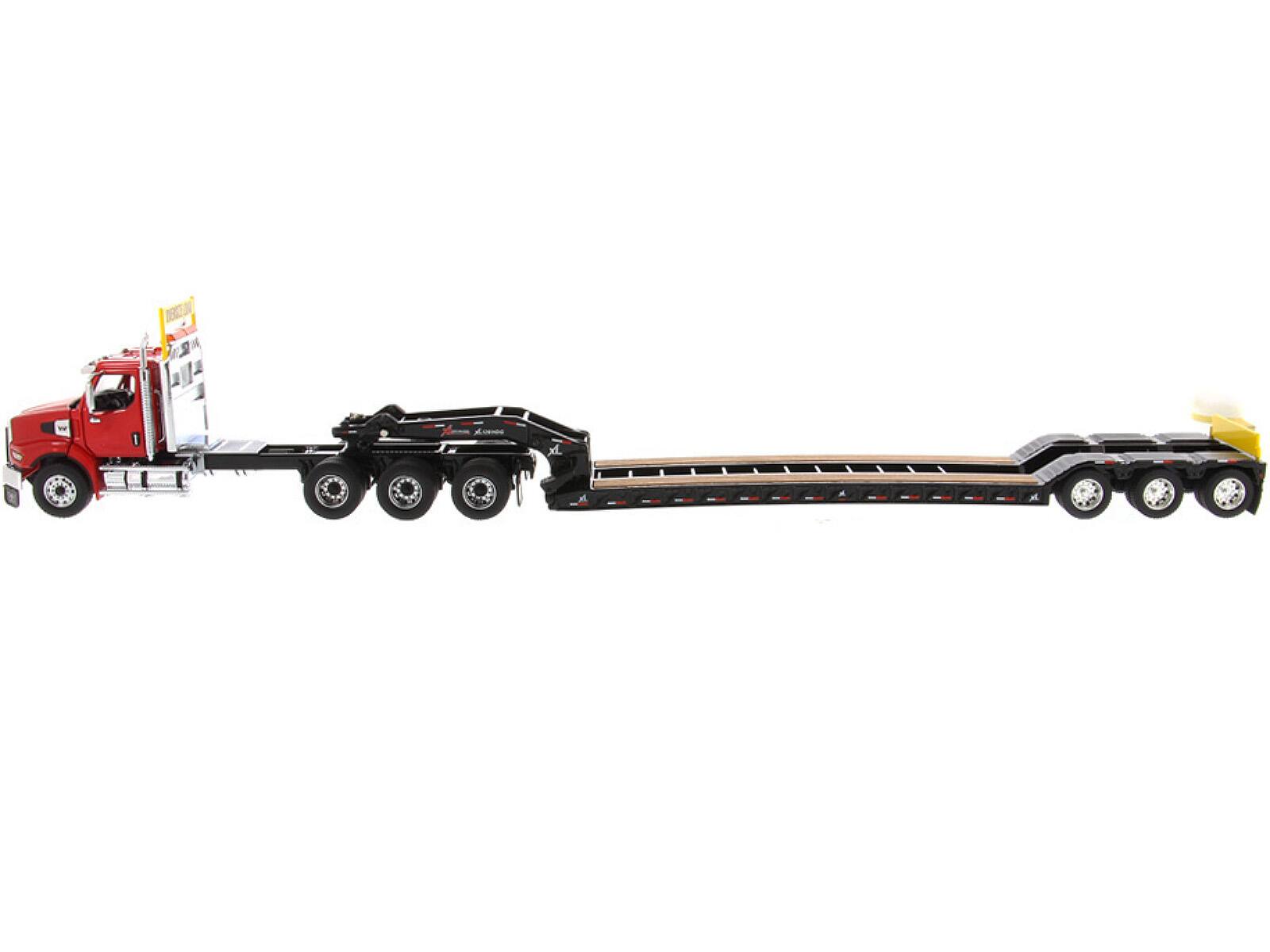 Alt View 1. Diecast Masters - Western Star 49X SBFA Tridem Axle Heavy-Haul Tractor w/Low-Profile HDG Trailer Red and Black 1/50 Model Diecast Masters.