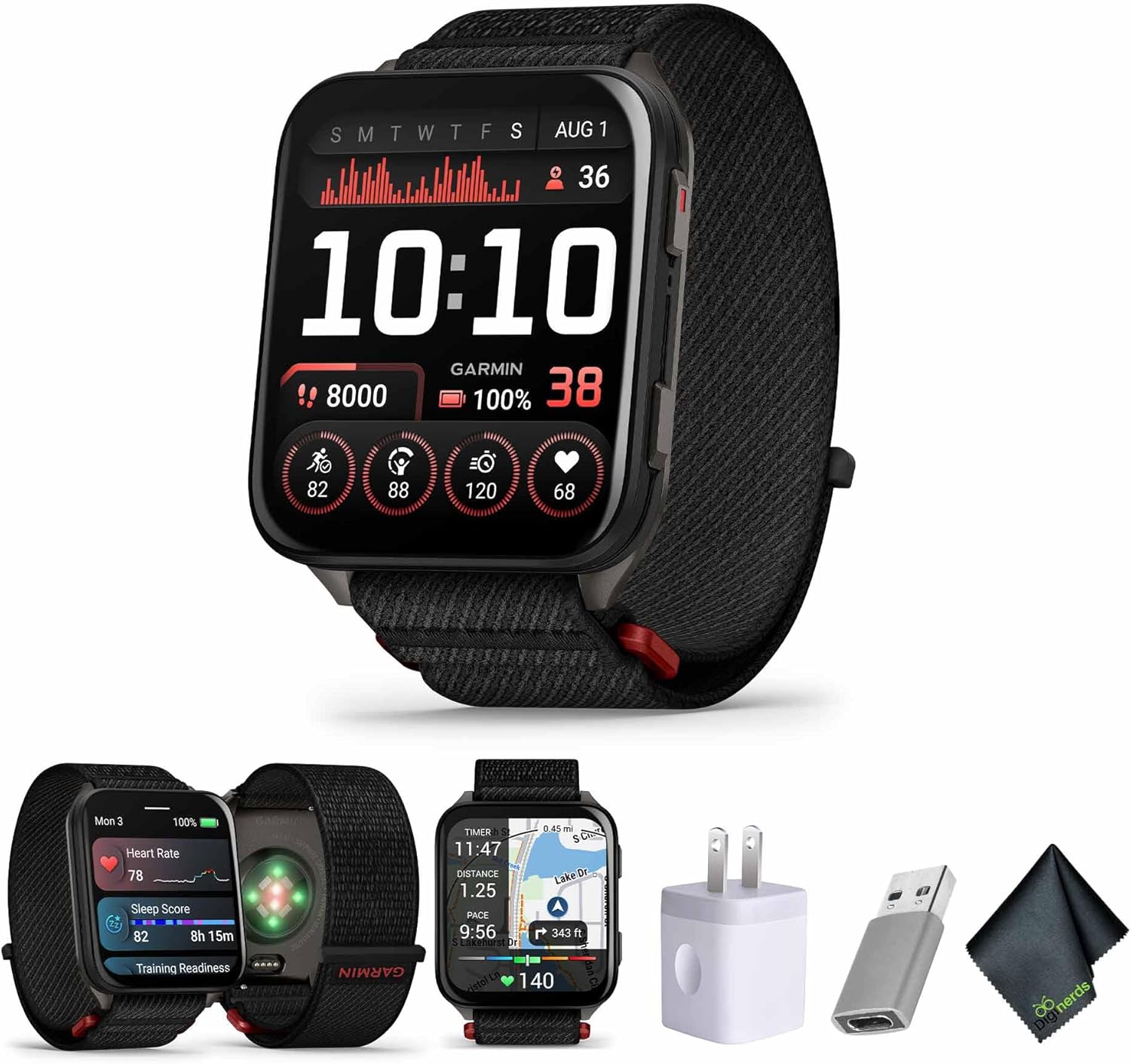 SMTWTFS AUG 1 10:10 GARMIN 8000 100% 38 82 88 =O 120 68 Mon 3 100% Heart Rate 78 Sleep Score 82 8h 15m Training Readiness GARMIN TIMER 0.45 11:47 DISTANCE Lake Dr 1 1.25 PACE 9:56 343f 140 1 Diginerds 8