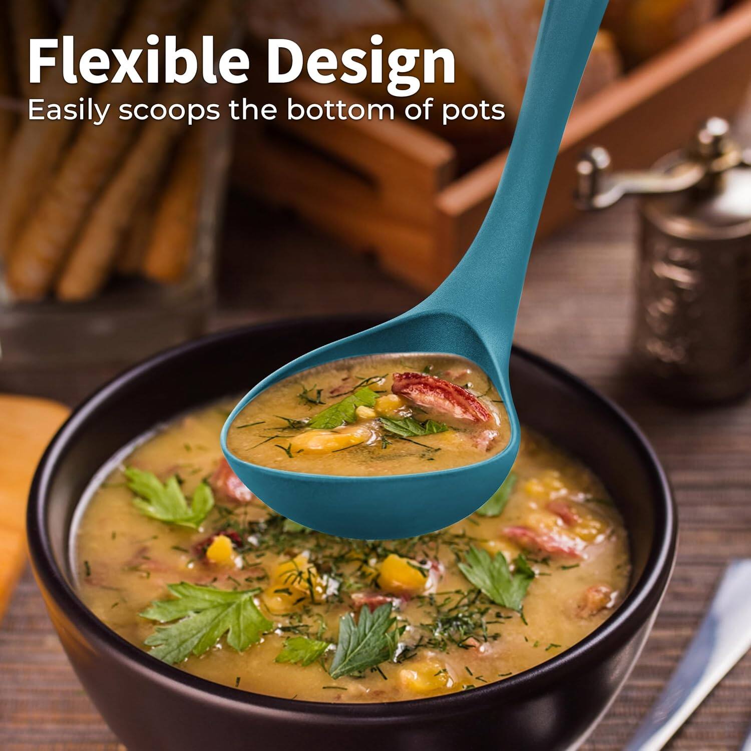 Flexible Design  
Easily scoops the bottom of pots