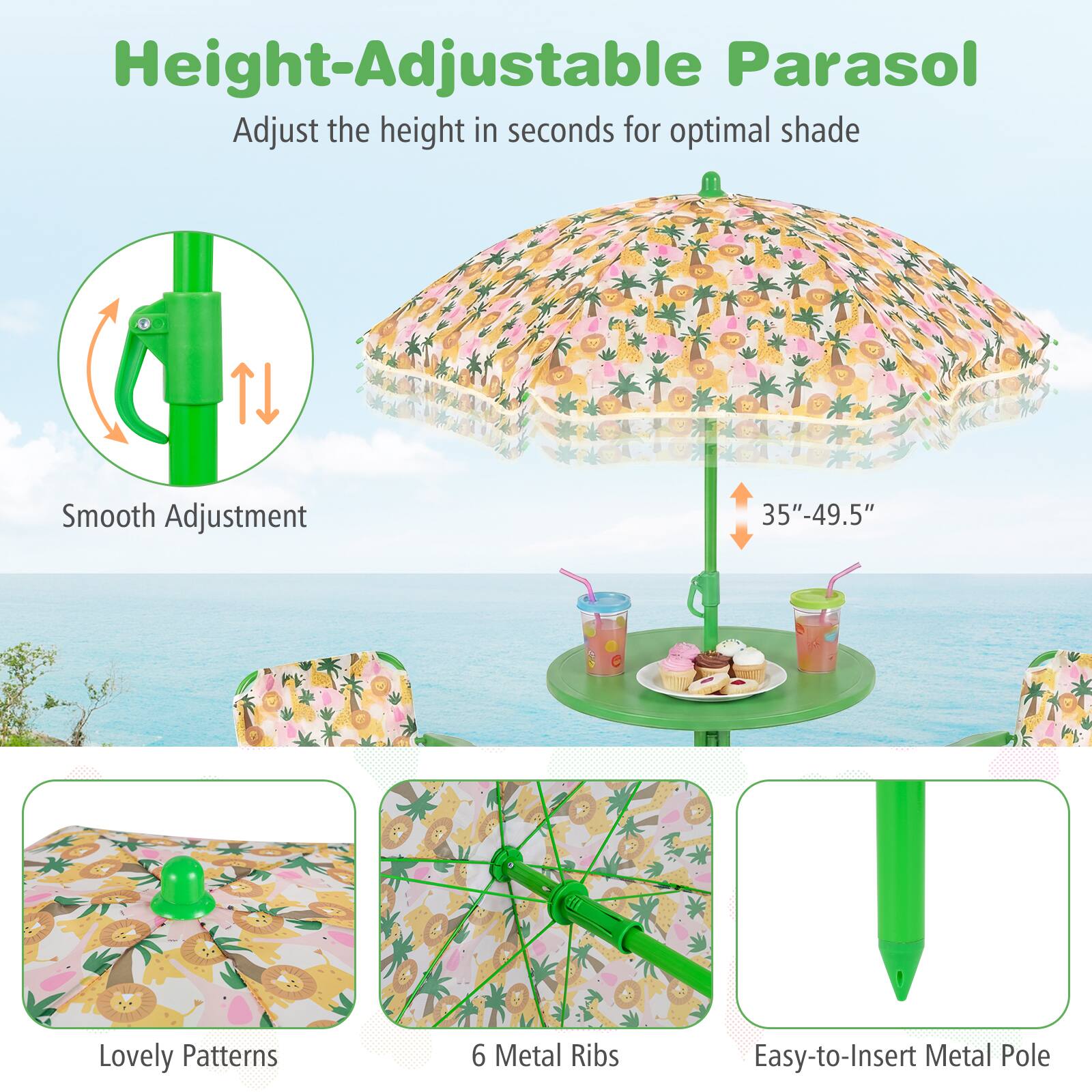 Height-Adjustable Parasol  
Adjust the height in seconds for optimal shade  

- Smooth Adjustment  
- Lovely Patterns  
- 6 Metal Ribs  
- Easy-to-Insert Metal Pole  

35"–49.5"