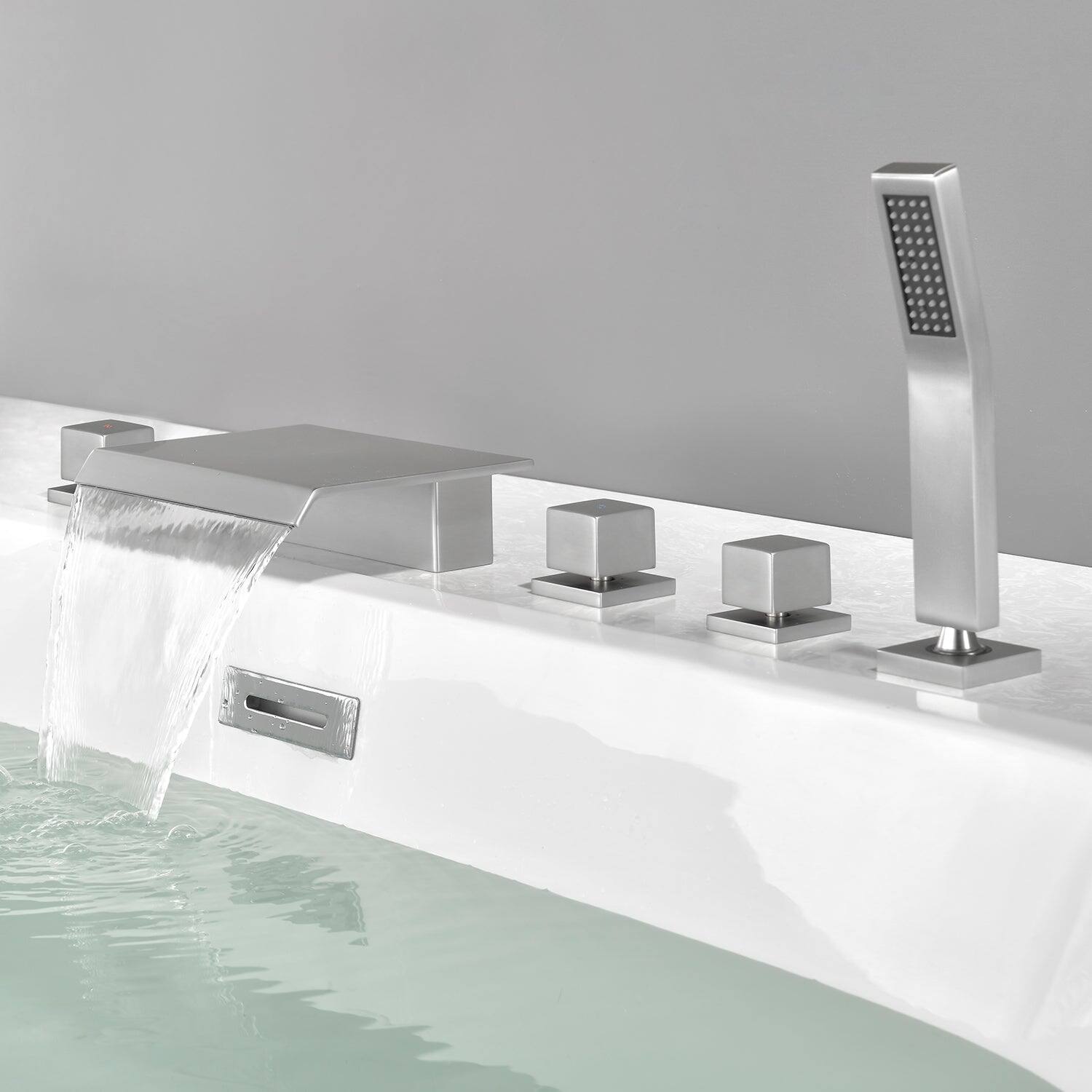 Front. Boyel Living - Brushed Nickel Waterfall Bath Tub Faucet with Handheld Shower SUS304 Hot Cold Control 5 Hole Installation High Flow Rate - Brushed Nickel.