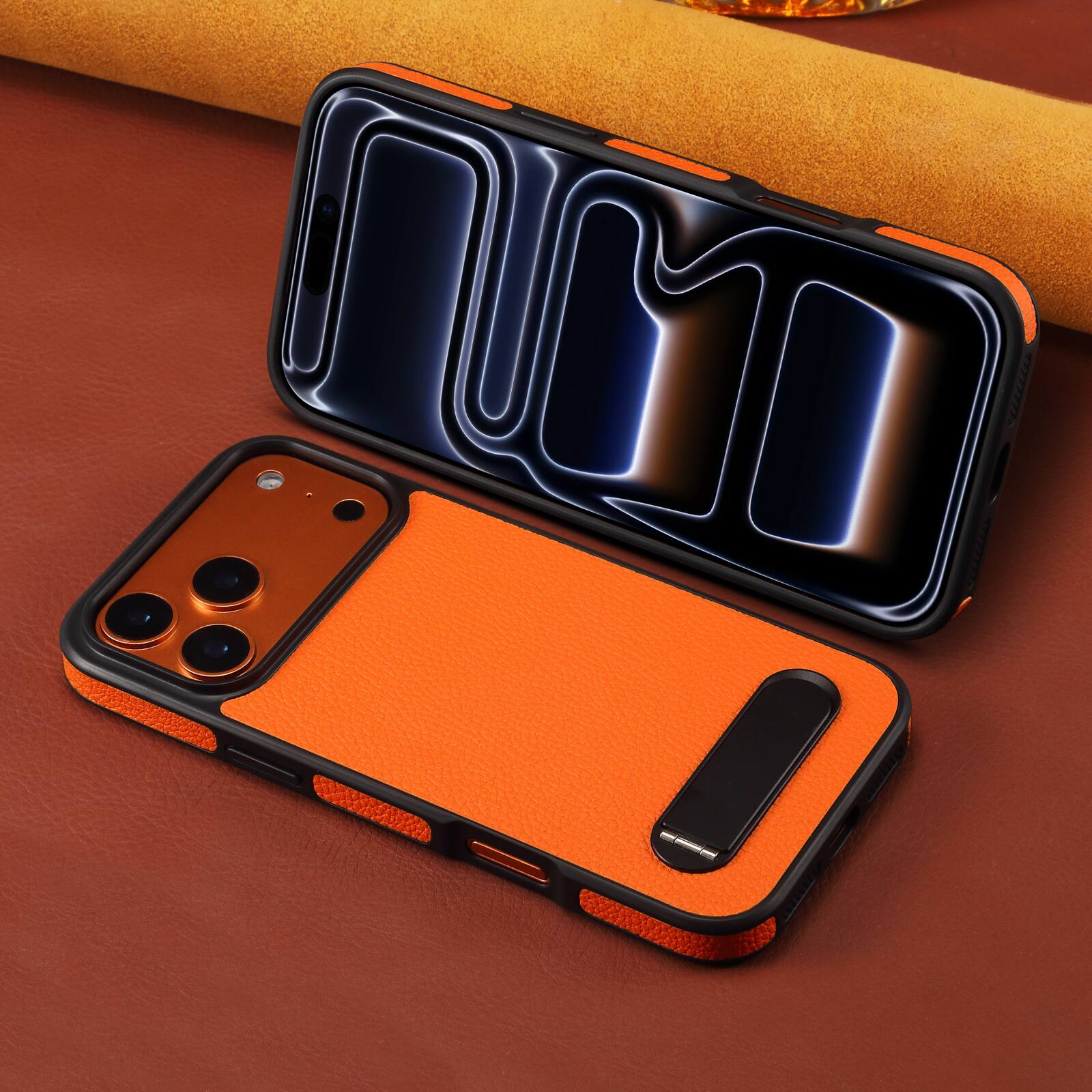 Alt View 5. Dteck - for Apple iPhone 17 Pro Magnetic Case with Built-in Hidden Kickstand,Lychee Texture Shockproof Protective Cover - Orange.
