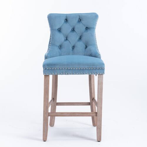Angle. LUCKY ONE - Assembled Velvet Bar Stool Set of 2 with Button Tufted Wood Legs Chrome Nailhead Trim - Light Blue.