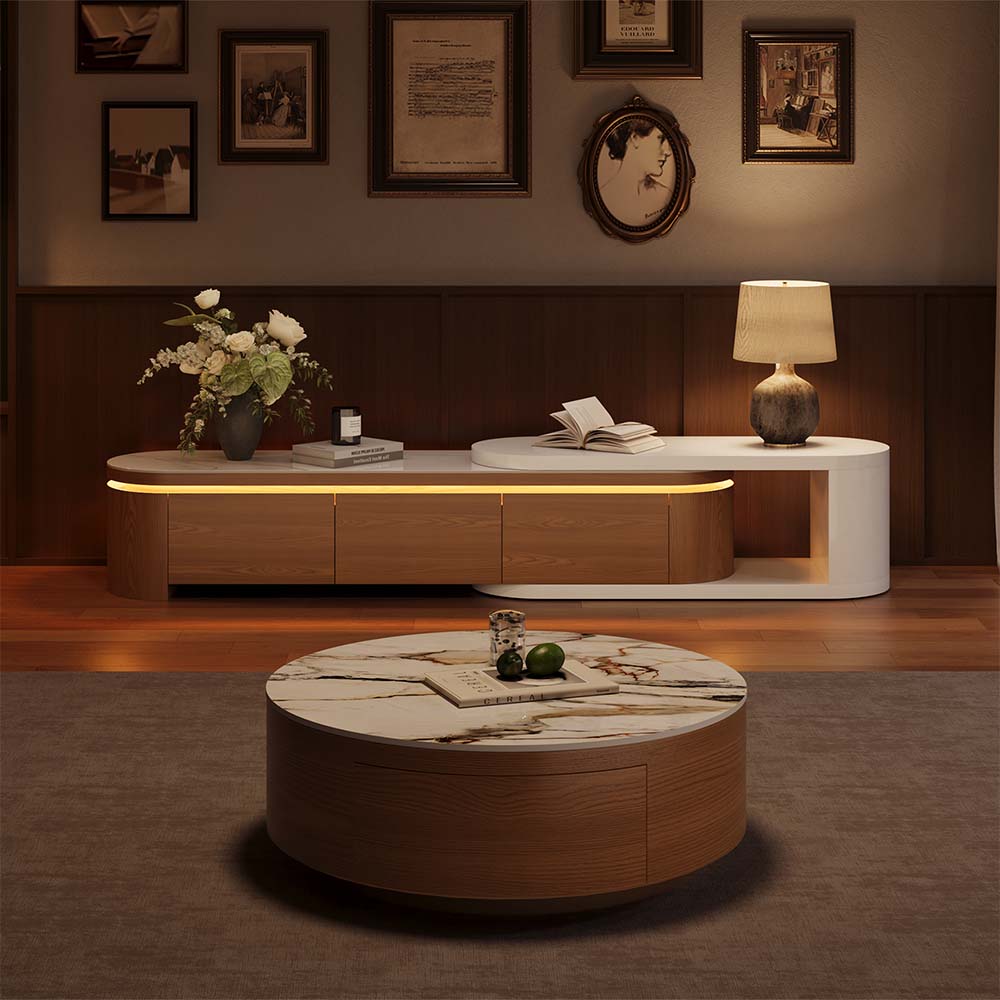 Alt View 10. POVISON - 35" Modern Fully Assembled Wood Drum Sintered Stone Round Coffee Table with 2 Drawers, Walnut & White - Walnut & White.