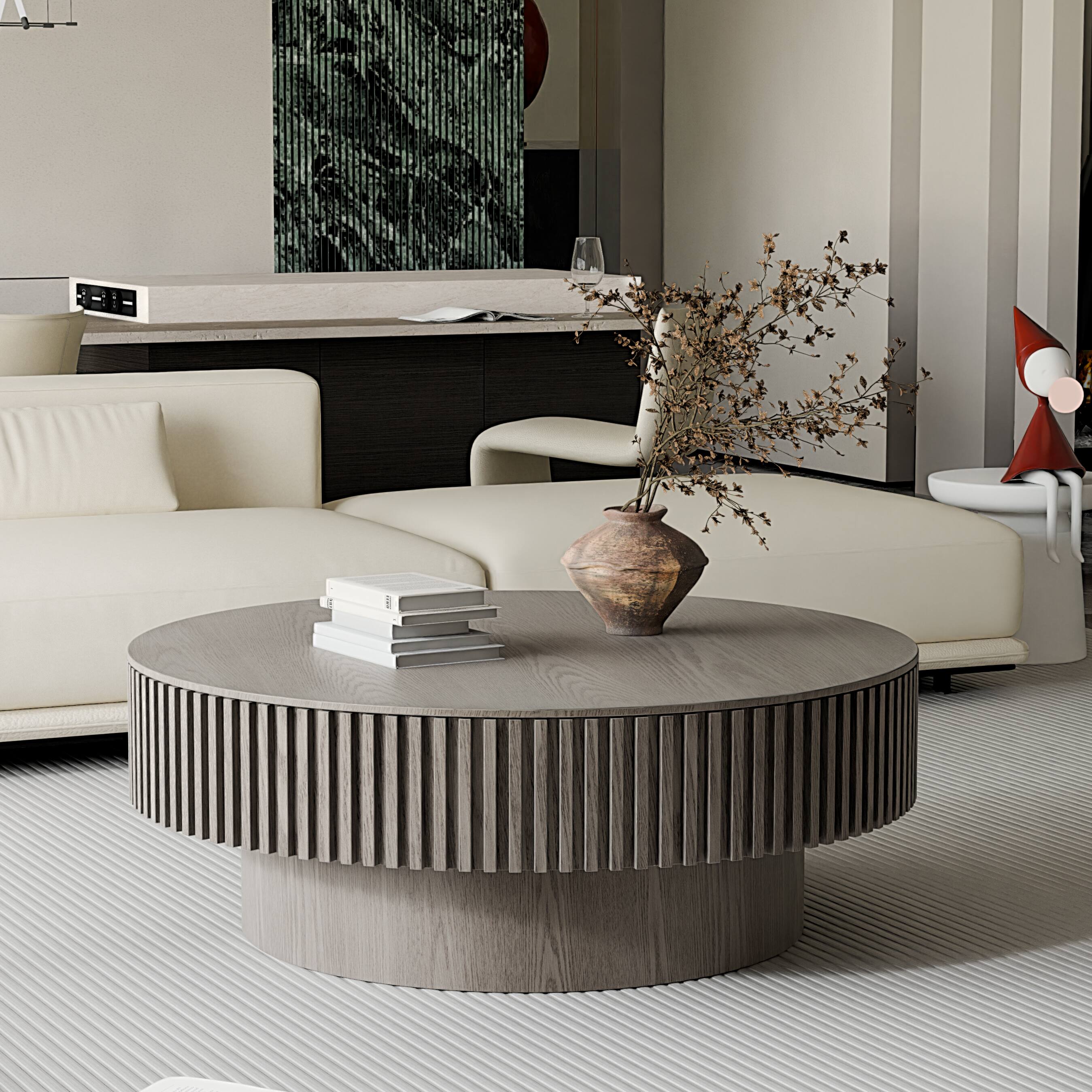 Angle. Loheer - Loheer 39.37 Inch Grey Round Coffee Table with Storage Solid Wood Veneer Modern Accent Tea Table for Living Room - Grey.