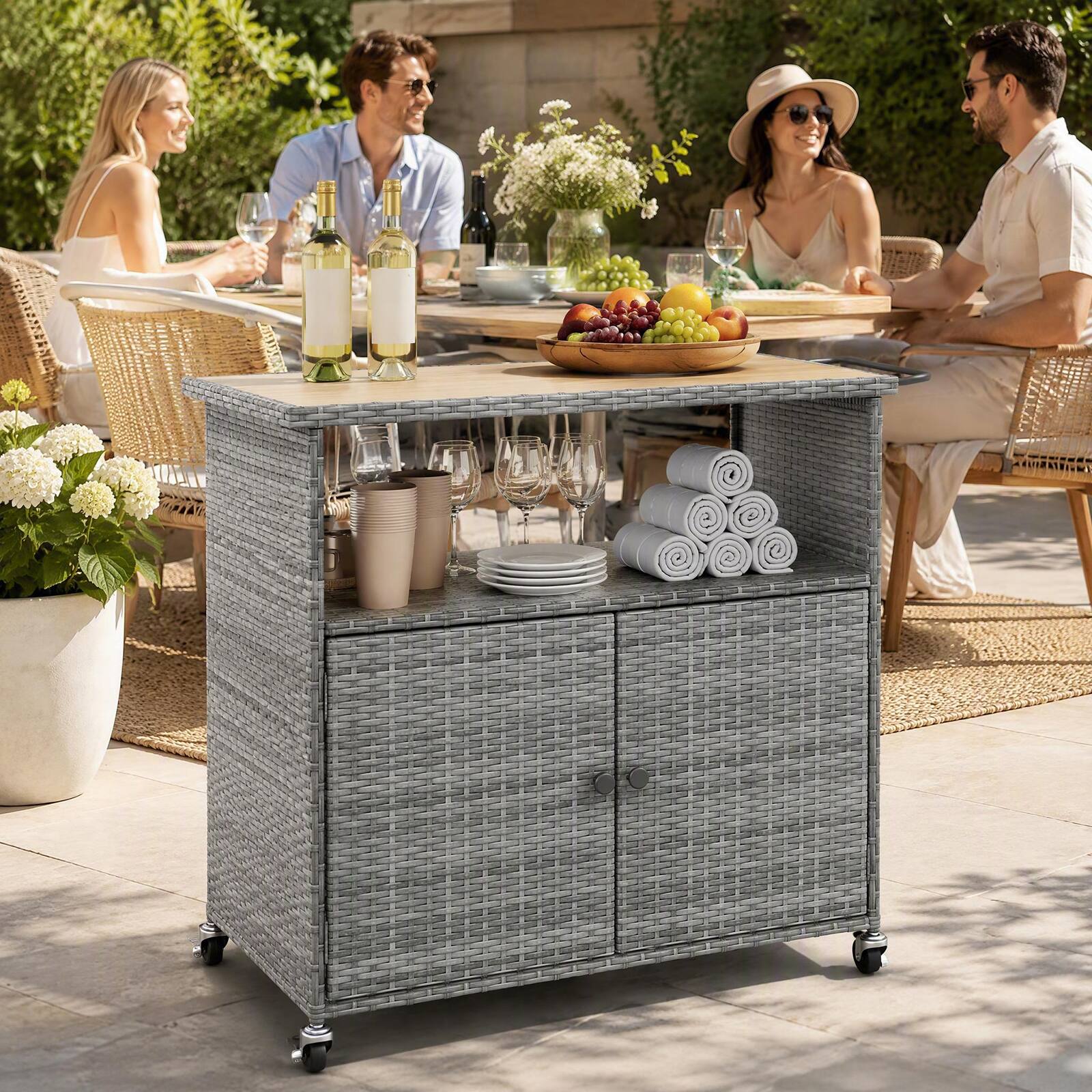 Alt View 3. Costway - Costway Outdoor Storage Cabinet with Acacia Wood Top 2 Doors Buffet Cabinet Sideboard - Mix Gray.