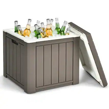 Front. Gymax - Gymax Patio 10 Gallon Ice Cube Cooler Box Table Stool Storage W/Handle Brown - Coffee.