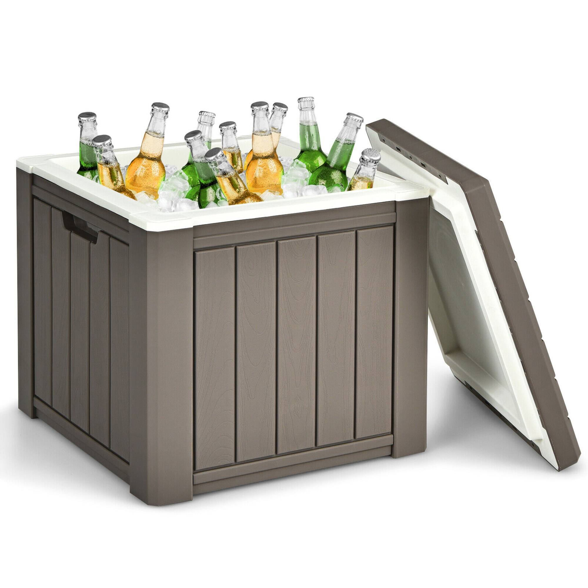 Front. Gymax - Gymax Patio 10 Gallon Ice Cube Cooler Box Table Stool Storage W/Handle Brown - Coffee.