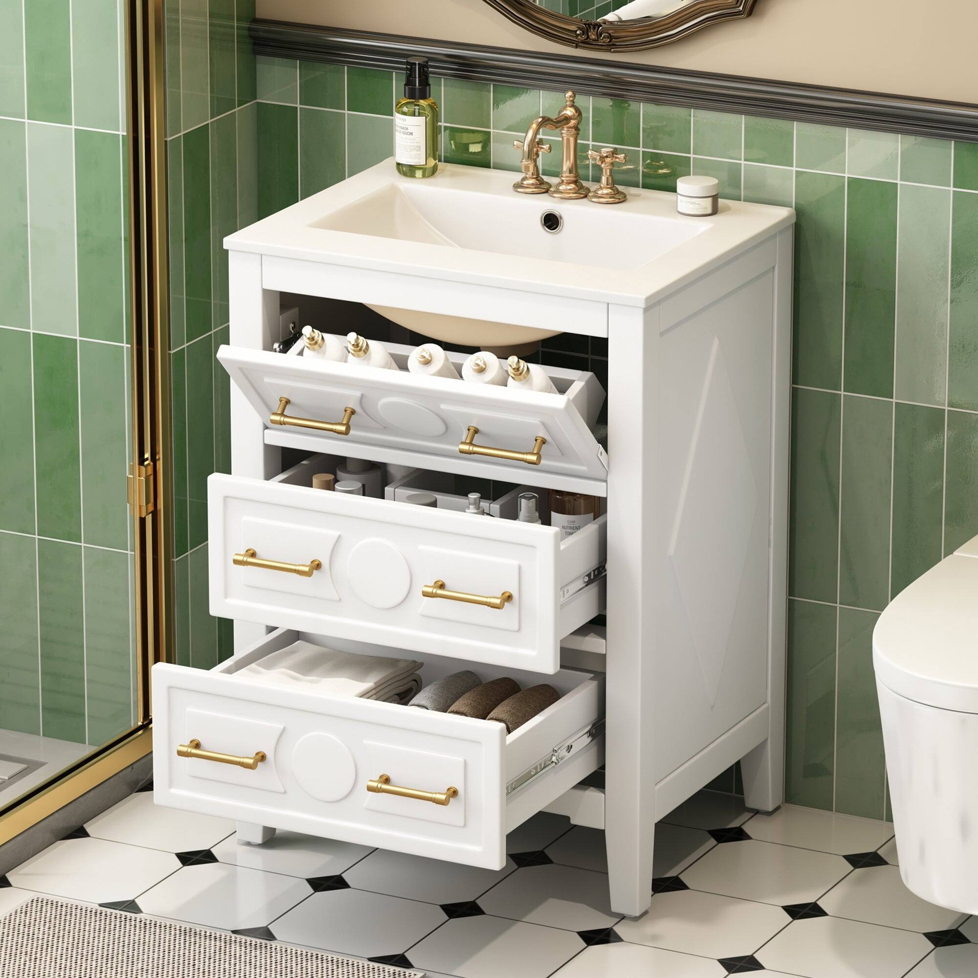 Alt View 5. Boyel Living - 24 Inch Retro Bathroom Vanity with Ceramic Sink and Three Drawers White - White.