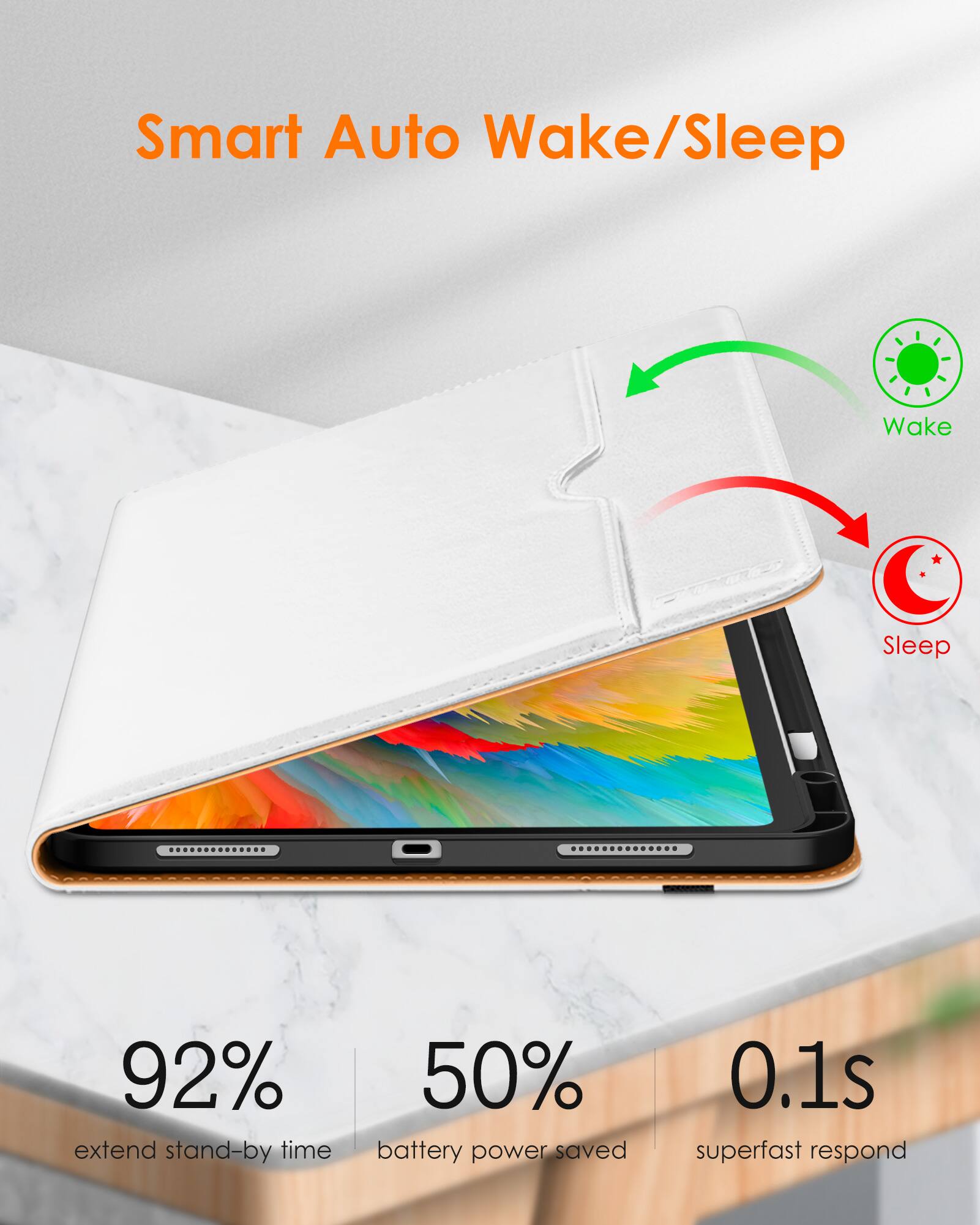 Smart Auto Wake/Sleep

- 92% extend stand-by time
- 50% battery power saved
- 0.1s superfast respond

Wake
Sleep