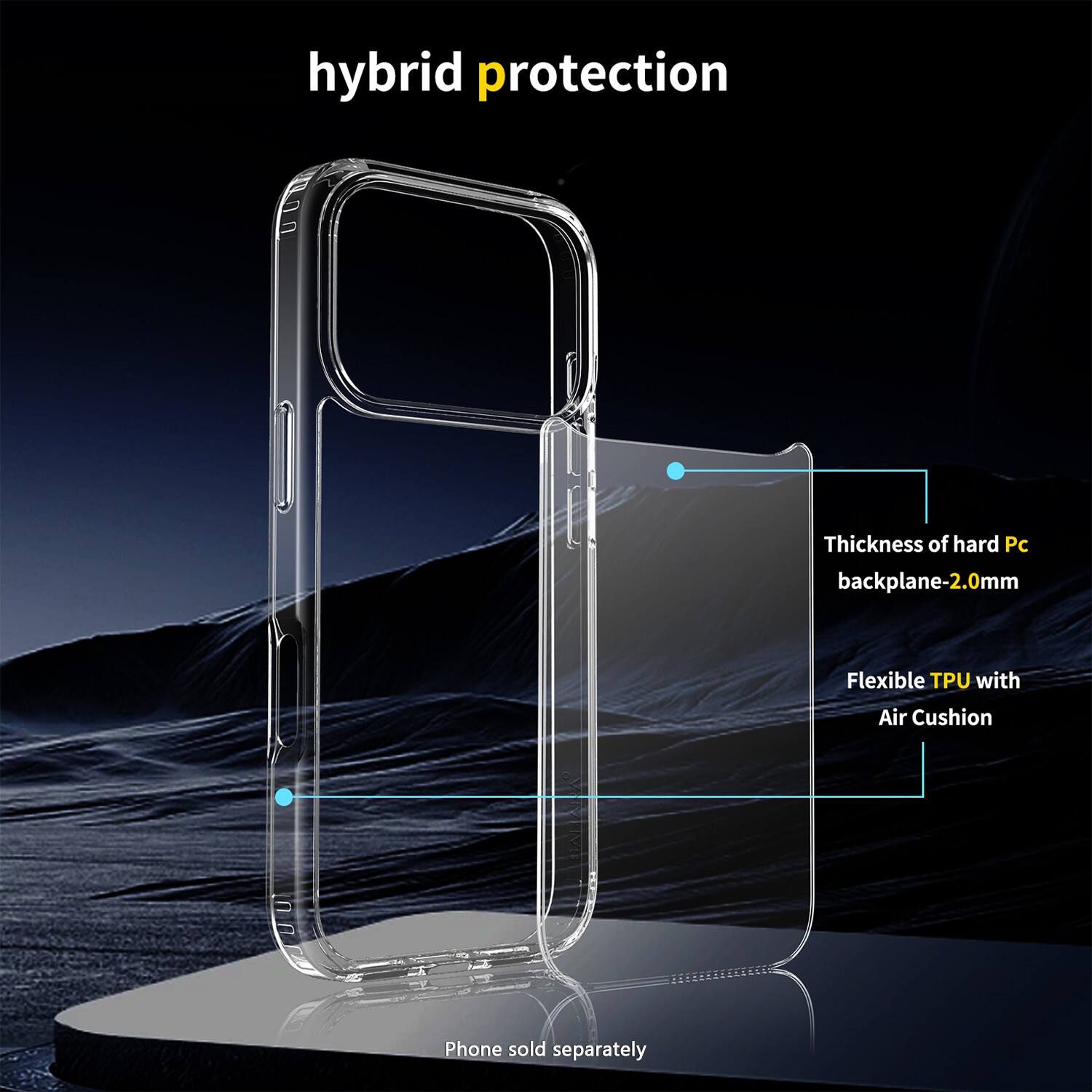 hybrid protection

Thickness of hard PC backplane-2.0mm

Flexible TPU with Air Cushion

Phone sold separately