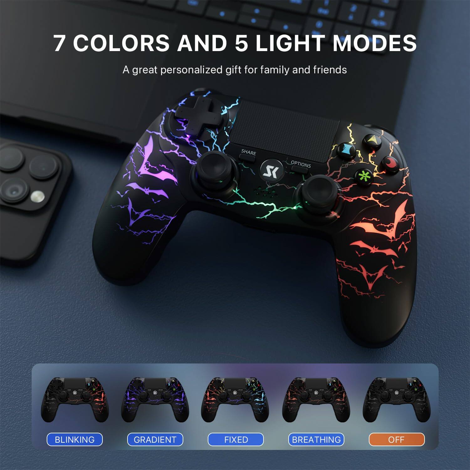 7 COLORS AND 5 LIGHT MODES  
A great personalized gift for family and friends  

SHARE OPTIONS  
BLINKING  
GRADIENT  
FIXED  
BREATHING  
OFF