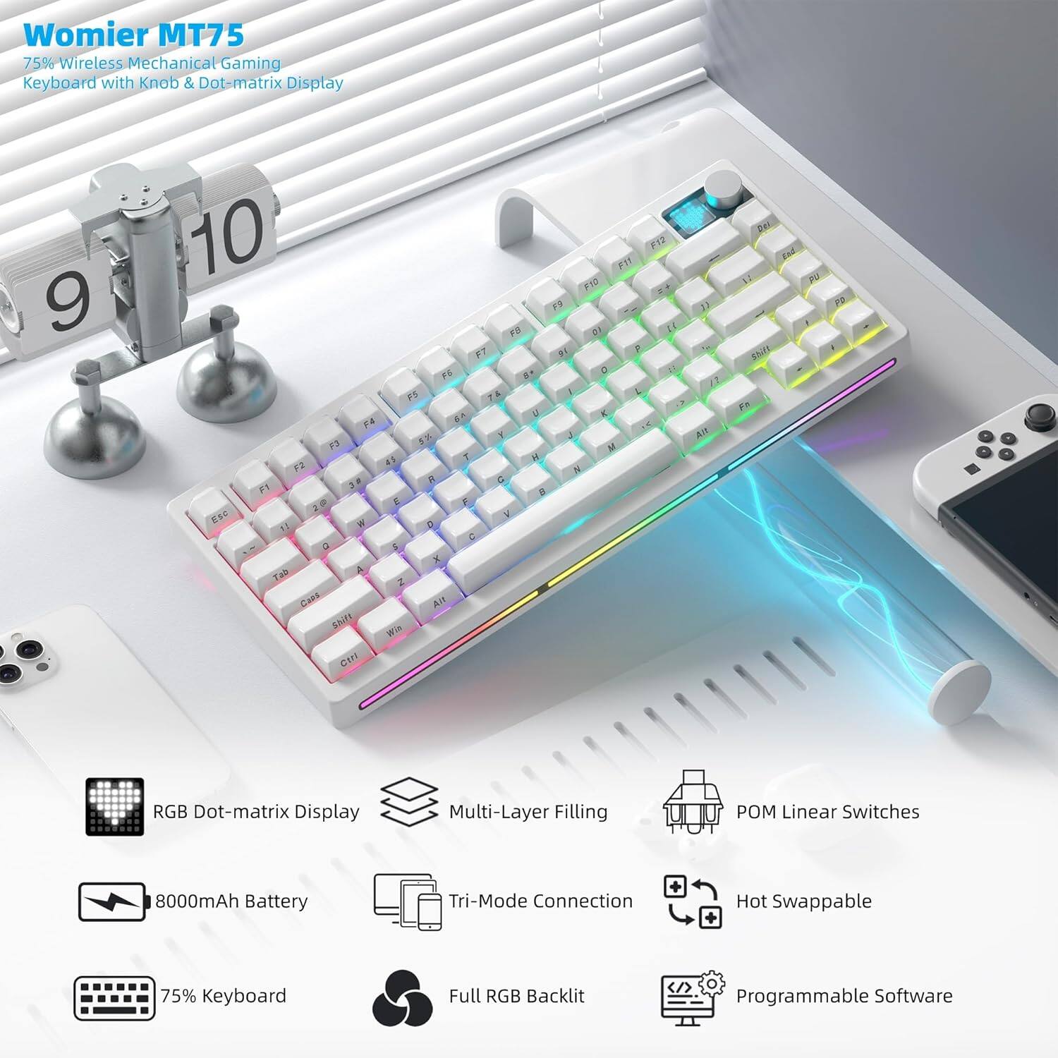 Womier MT75  
75% Wireless Mechanical Gaming Keyboard with Knob & Dot-matrix Display  

- RGB Dot-matrix Display  
- Multi-Layer Filling  
- POM Linear Switches  
- 8000mAh Battery  
- Tri-Mode Connection  
- Hot Swappable  
- 75% Keyboard  
- Full RGB Backlit  
- Programmable Software