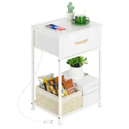 Oumilen - End Table with Fabric Drawer, Mesh Shelf & Charging Station - White