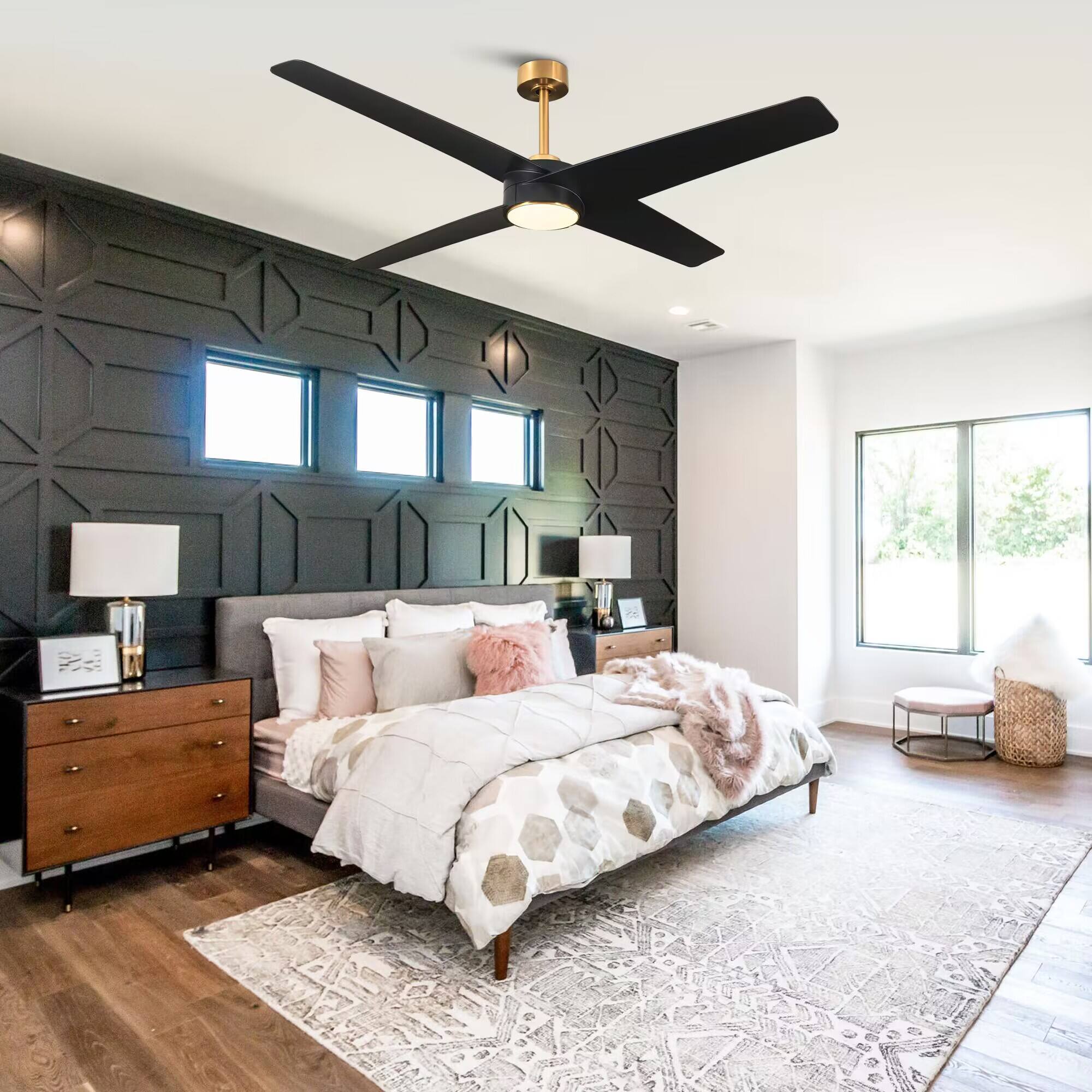 Back. Parrot Uncle - 60" Gold and Black Ceiling Fan with Dimmable LED Light, Remote Control, 6-Speed Reversible DC Motor - Black.