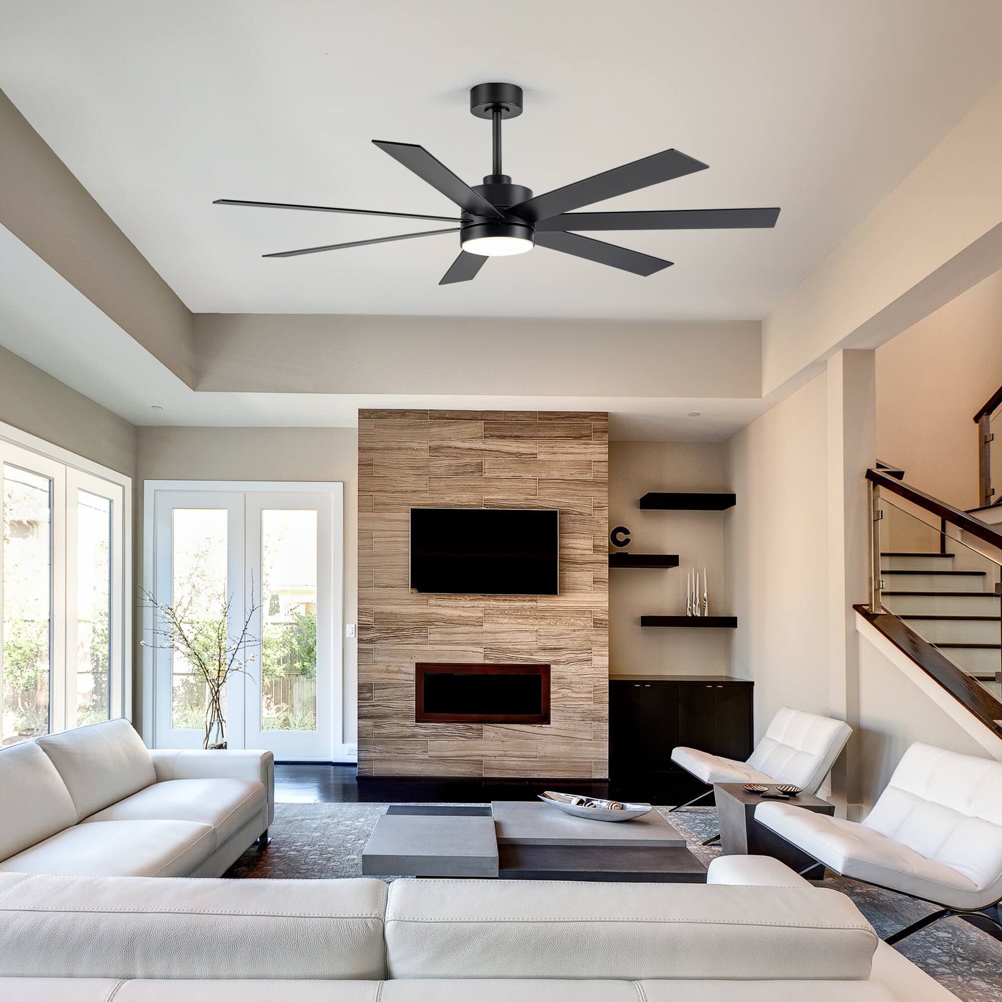 Angle. Breezary - 62-Inch Ceiling Fan with LED Light, DC Motor, Reversible Blades, 3 Color Temperatures, Remote Control, Energy-Saving - Black and Walnut.