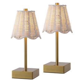 Jonathan Y - Willow 11" Coastal Bohemian Cordless Rechargeable Table Lamp Set of 2, with White Rattan Shade, Touch Dimmer - Brass Gold