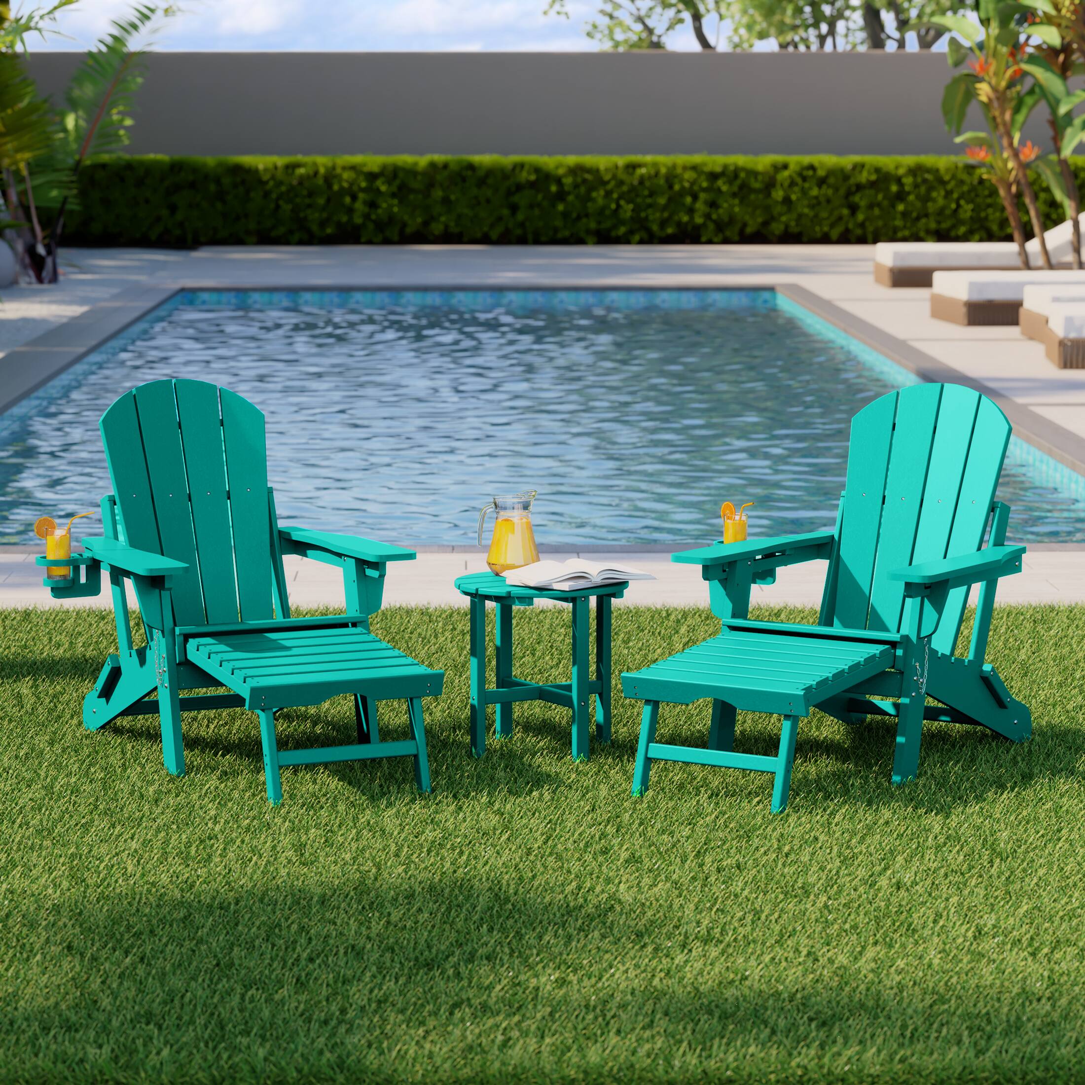 Angle. WestinTrends - WestinTrends Malibu 3-Piece Outdoor Folding Adjustable Adirondack Chair with Cup Holder & Side Table - Turquoise.