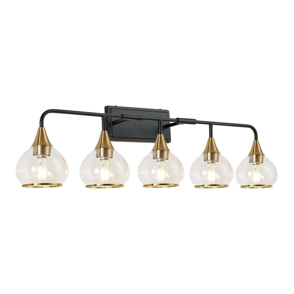 Angle. Kadyn - 40" Modern 5-Light Vanity Wall Sconce - Black and Gold Bathroom Light Fixture with Clear Glass Shades, Black Gold - Gold.
